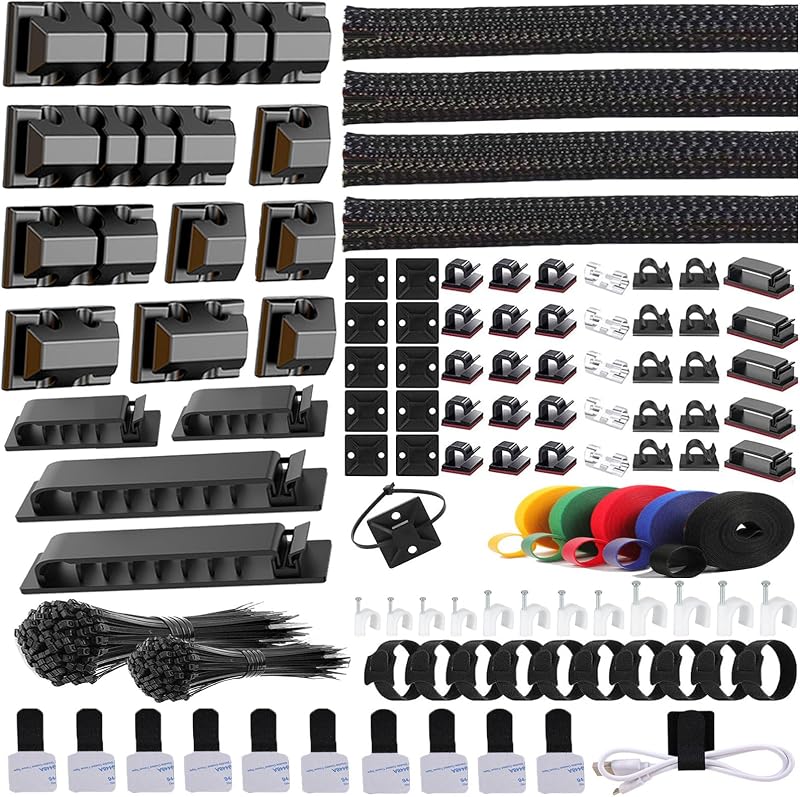 327 PCS Cable Management Kit 4 Cable Cable Sleeves,65 Cable Clips | 13Cord Holders,25 Roll Cable Organizer Straps,200 Fastening Cable Ties,20 Cable Zip Tie Mounts for Computer