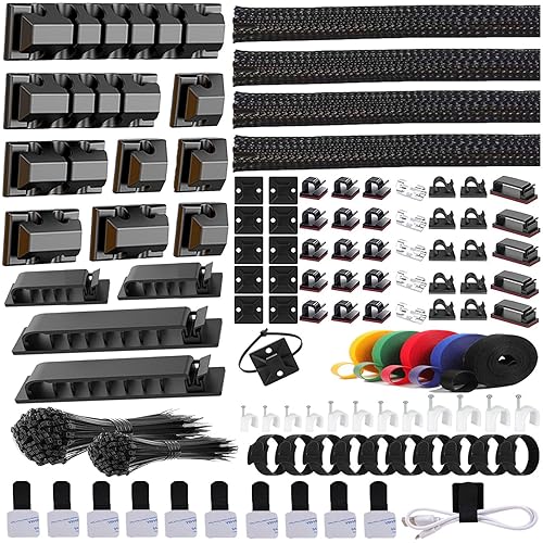 ELII 327 PCS Cable Management Kit 4 Cable Cable Sleeves,65 Cable Clips with 13Cord Holders,25 Roll Cable Organizer Straps,200 Fastening Cable Ties,20 Cable Zip Tie Mounts for Computer (Black)