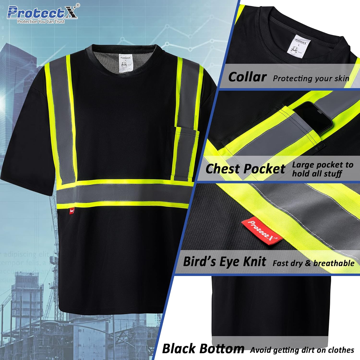 ProtectX 3-Pack Black Hi Vis Shirts Short Sleeve & Reflective Hat, Large