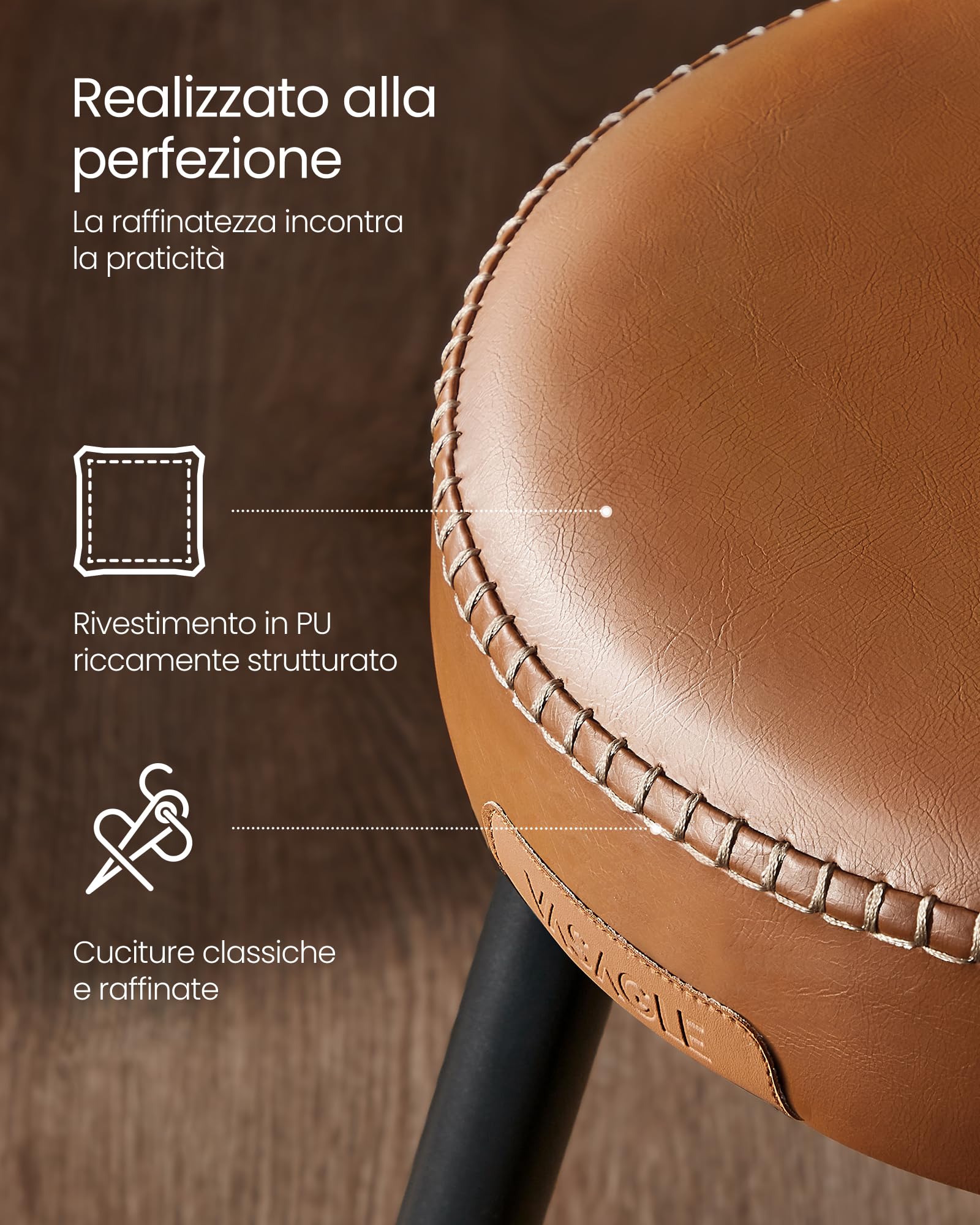 VASAGLE EKHO Collezione - Sgabelli Cucina, Set da 2 Sgabelli Alti da Bar, Sedie Cucina, PU con Cucitura, Moderno di Metà Secolo, Altezza 76,2 cm, Facile da Montare, Marrone Caramello LBC090K01V1