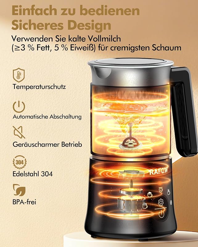 Rafow 5 az 1-ben elektromos tejhabosító 350ml, automata tejgőzölő forró és hideg tejhez