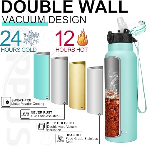 Miniatura 4 de GOPPUS Botella de agua aislada al vacío de doble pared de 24 onzas con pajilla, taza de agua deportiva de acero inoxidable, a prueba de fugas, boca