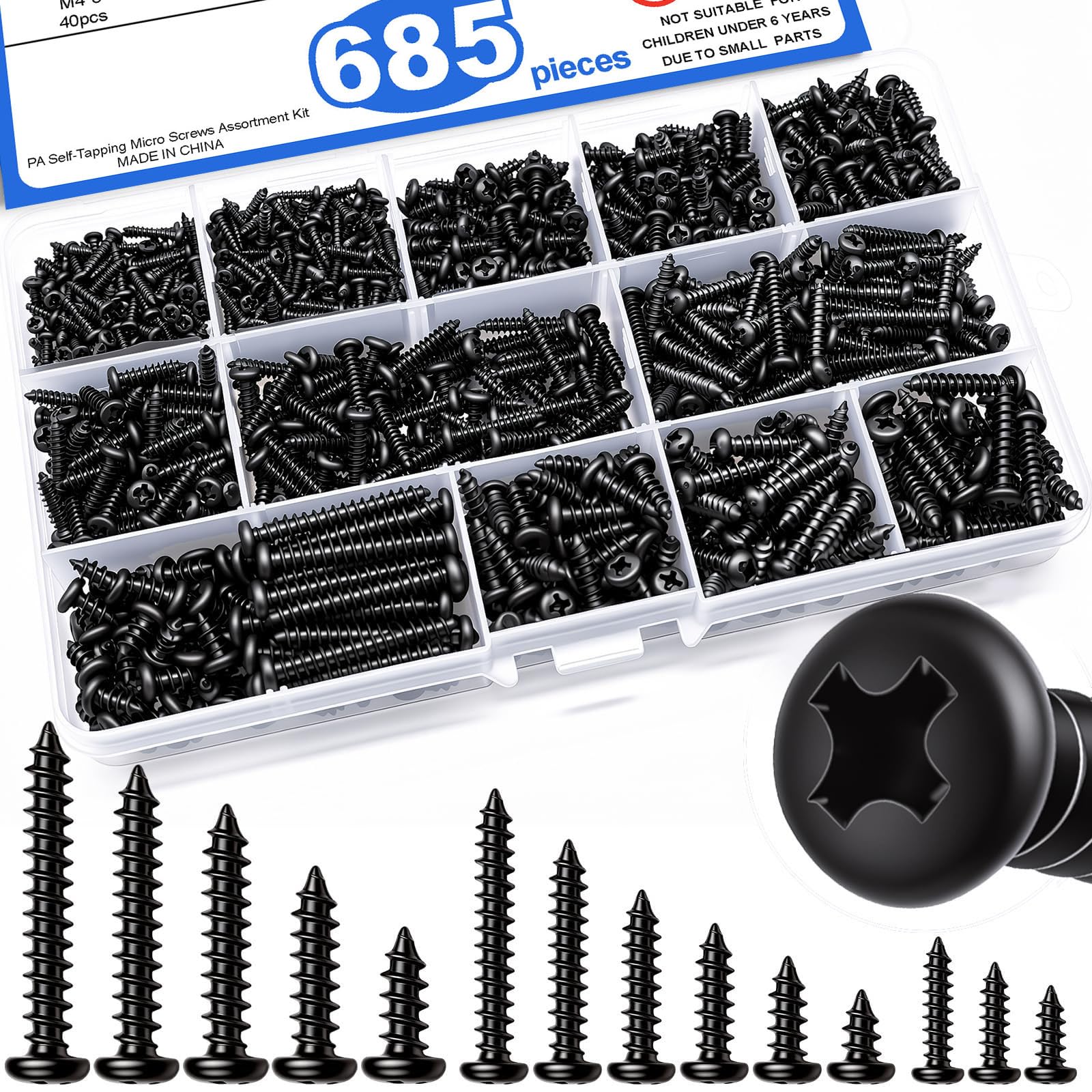 Wavanta 685Pcs Black Self Tapping Screws Assortment Kit, M2 M3 M4 Phillips Pan Head Wood Screws, Carbon Steel Black Zinc Screws for Wood, Plastic, Soft Metal, DIY Repair and Home Projects