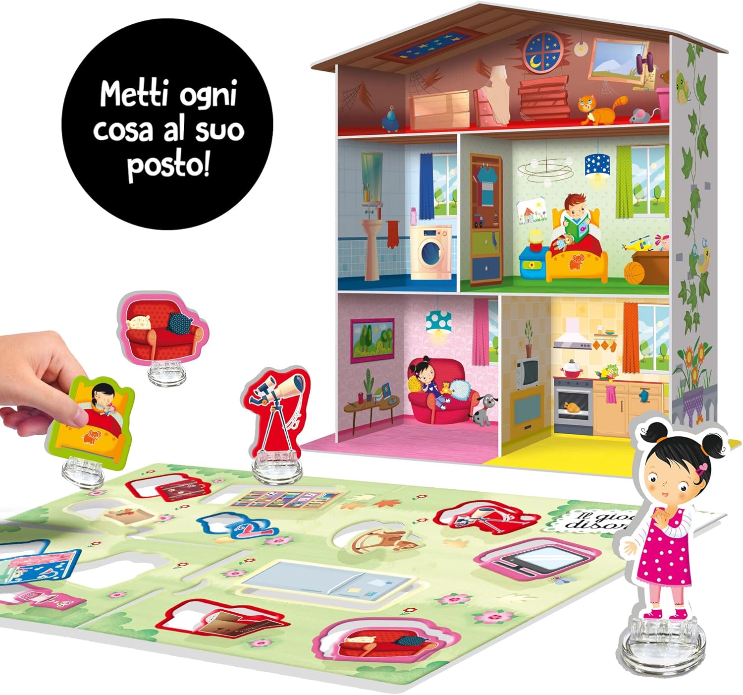 Liscianigiochi Montessori Maxi My House components laid out, including the 3D house and various molded pieces