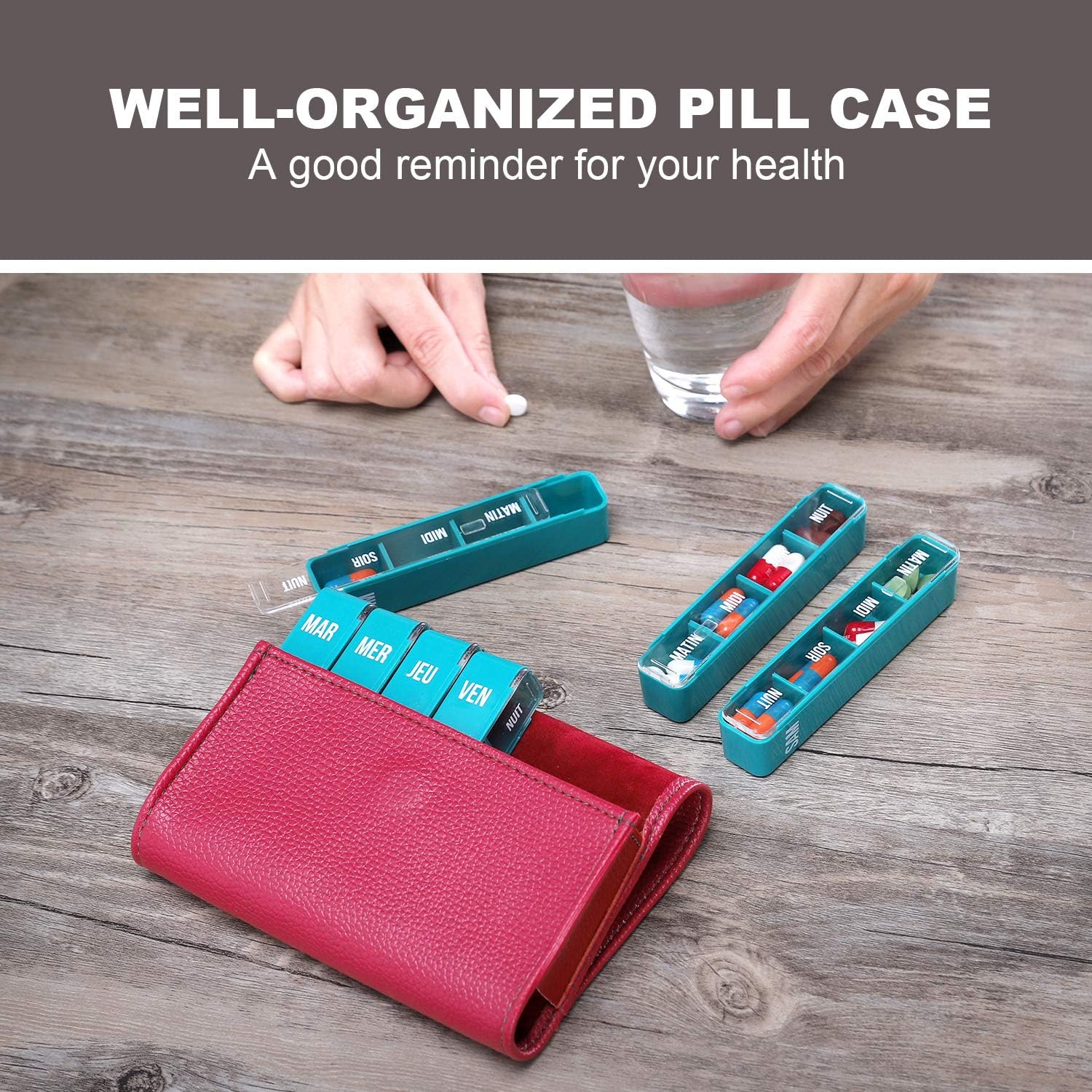 Weekly Pill Organizer 7 Day 4 Times a Day, Daily Pill Box Organiser 7 Day Portable Travel Organizer with PU Leather Case Large Daily Pill Cases for Pills/Vitamin/Fish Oil/Supplements - Red Wine : Health & Household