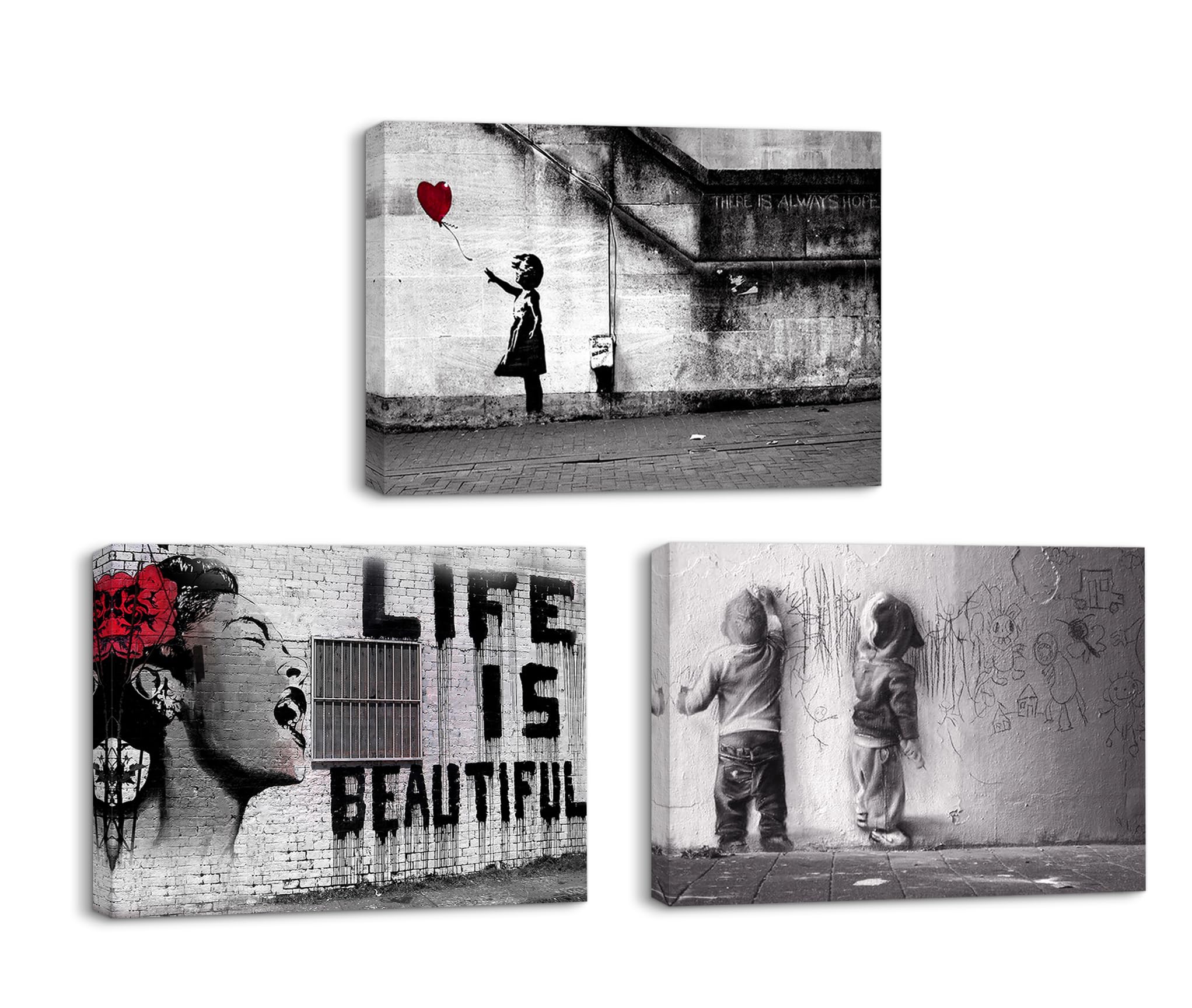 Piy Painting Impression sur Toile de La Vie est Belle, Fille avec Ballon Rouge Graffiti Toile Decoration Murale, Tableaux Déco pour Maison Salon Chambre 3 Panneaux 58x40CM, avec Cadre Intérieur