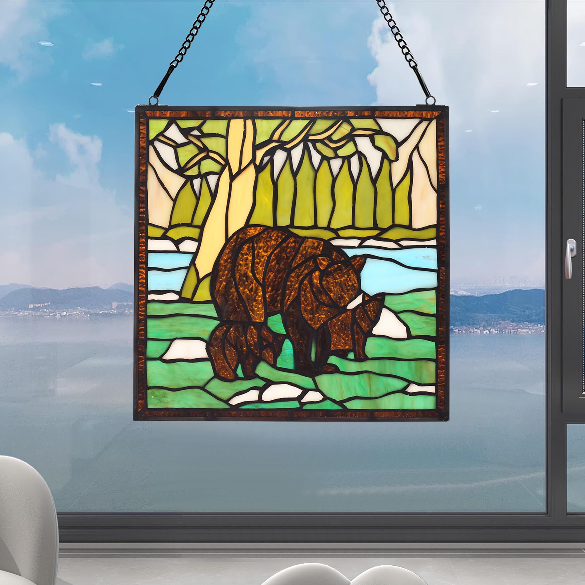 bwkoiujes Buntglas-Fensterbehang, 30,5 cm, quadratisch, Tiffany-Tier-Stil, 3 braune Bären, Sonnenfänger, Wanddekoration, Kunst-Panel, inklusive 50,8 cm Kette und Haken, das perfekte Geschenk zum