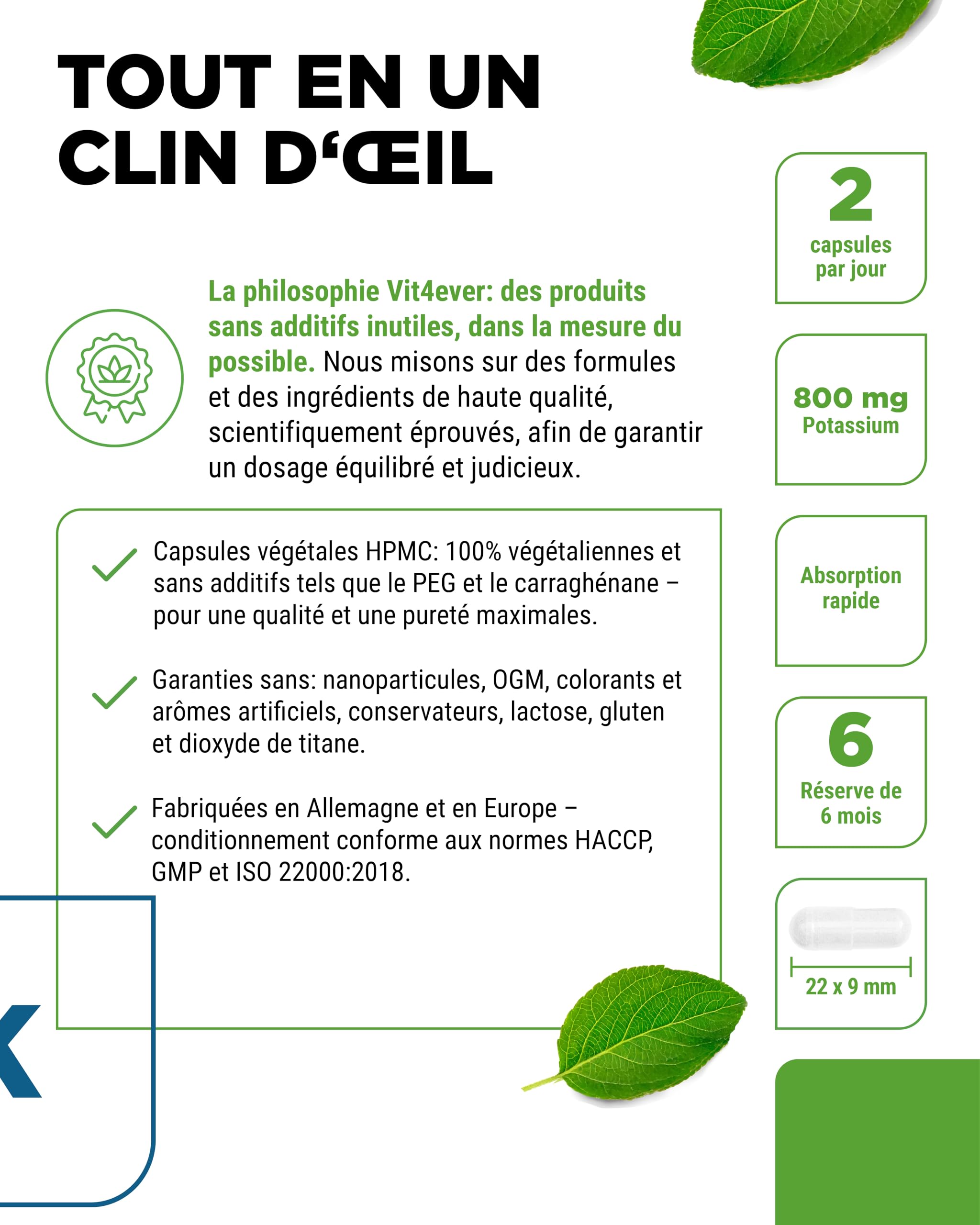 Potassium - 365 gélules avec 800 mg de potassium élémentaire par portion journalière - 100% citrate de potassium - Vegan
