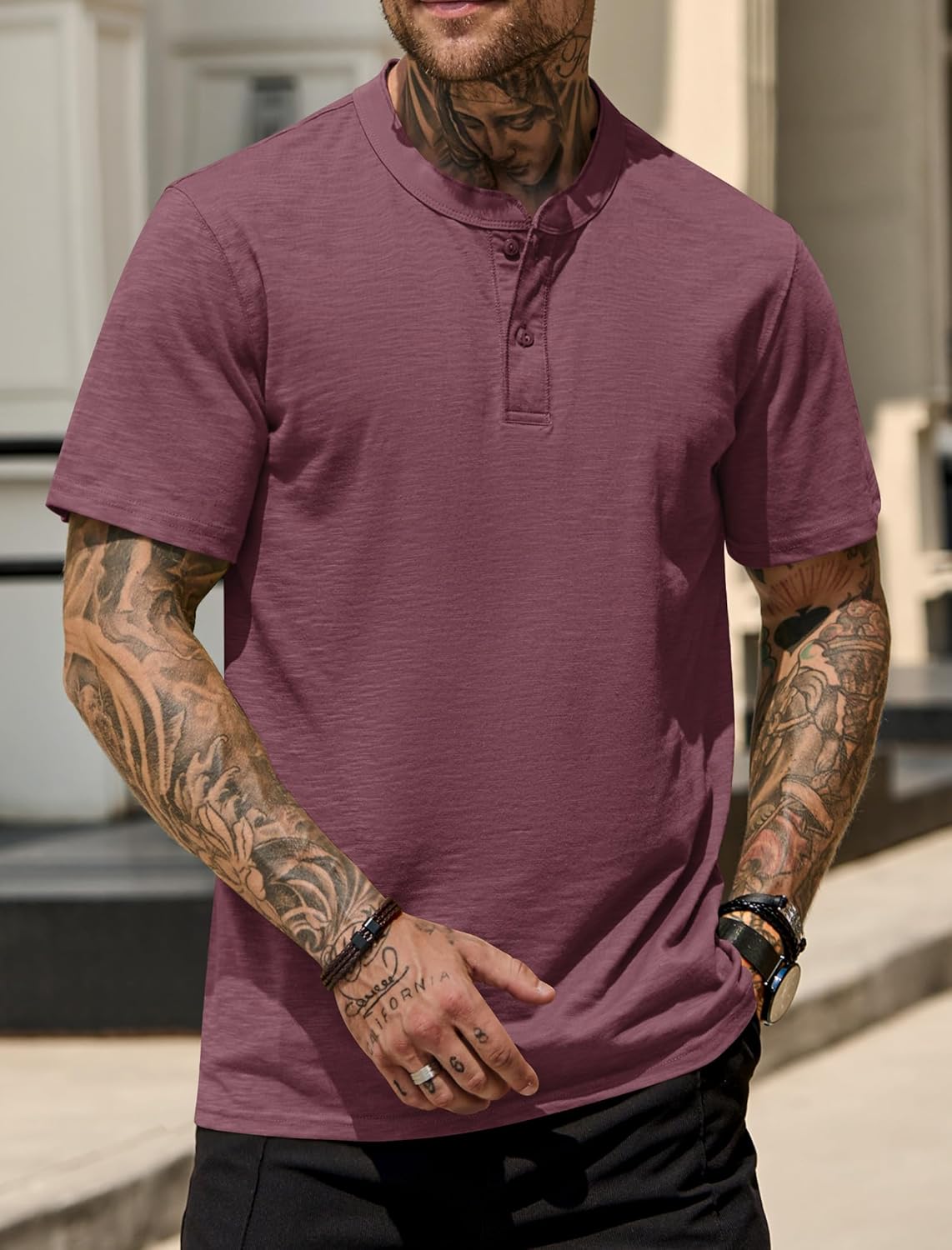 Mens Henley Shirts Casual Loose Fit Stretch Plain Short Sleeve T-Shirts (S-XXL) - Image 4