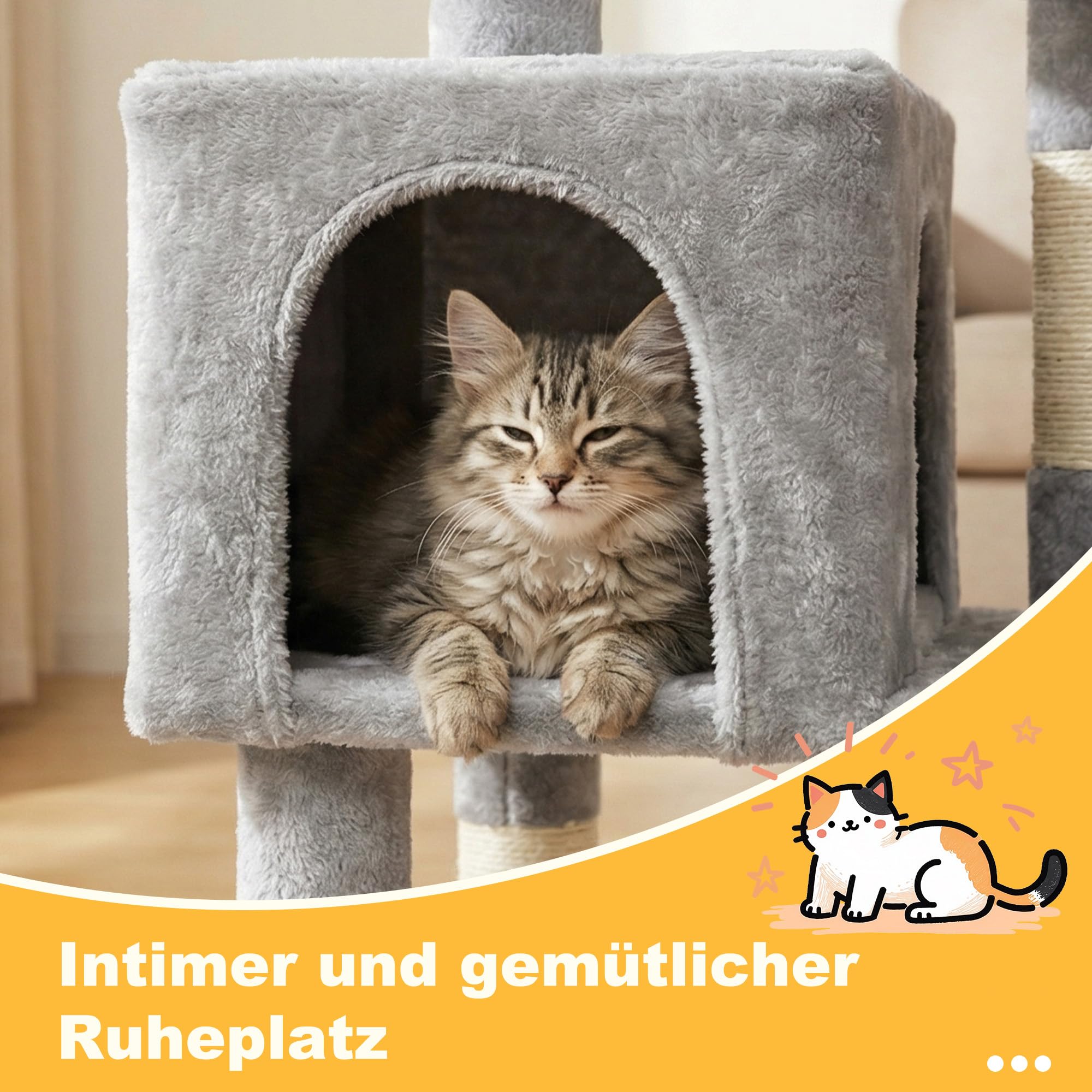 Hey-brother Tiragraffi per Gatti, con Cuccia, Topolino finto, MPJ004SW | 110cm Albero per Gatti Multilivello, Cesta, Piattaforme in Peluche, Pompon, Ideale per gattini da interno, Grigio Chiaro