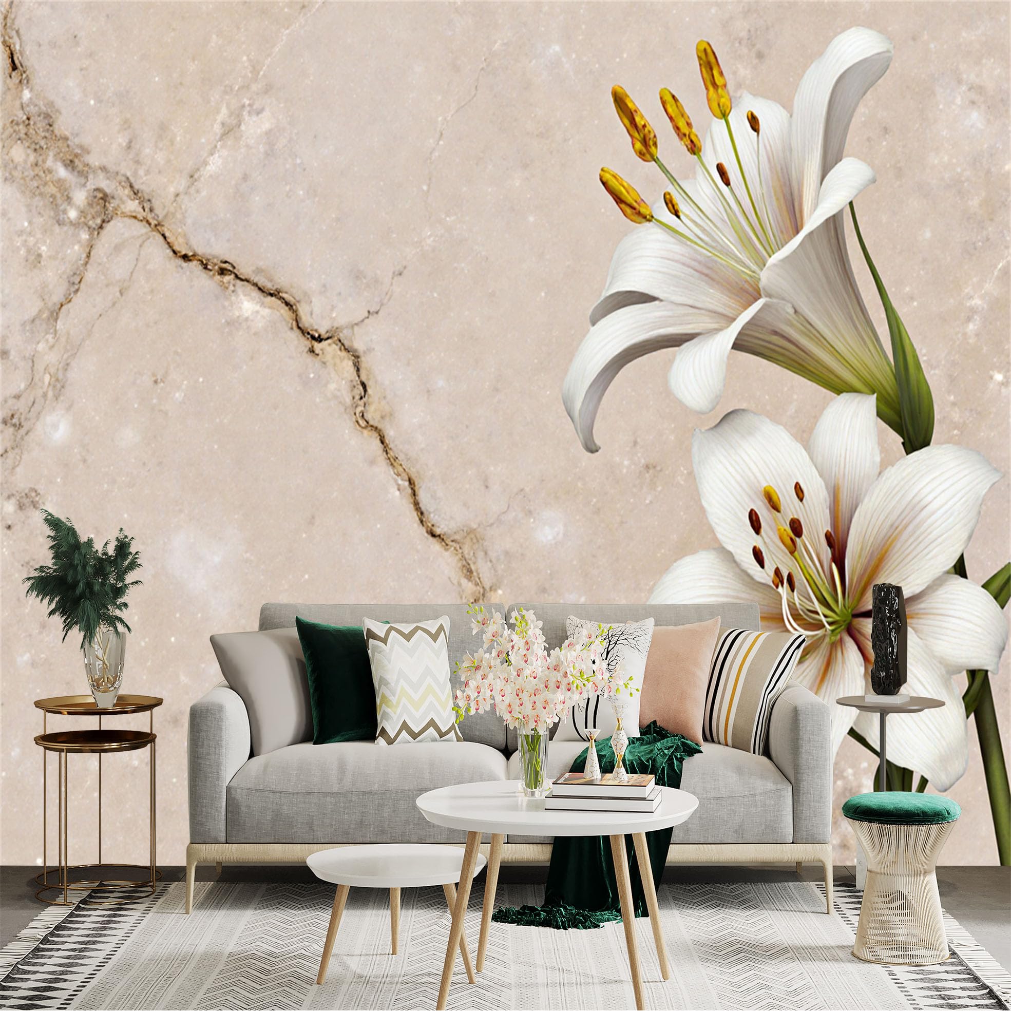 Custom Size Wall Sticker Mural， Elegant White Lily Flowers， Soft Marble Texture Background， Minimalist Floral Art， for wall Decoration， peelandstick wall Decals.
