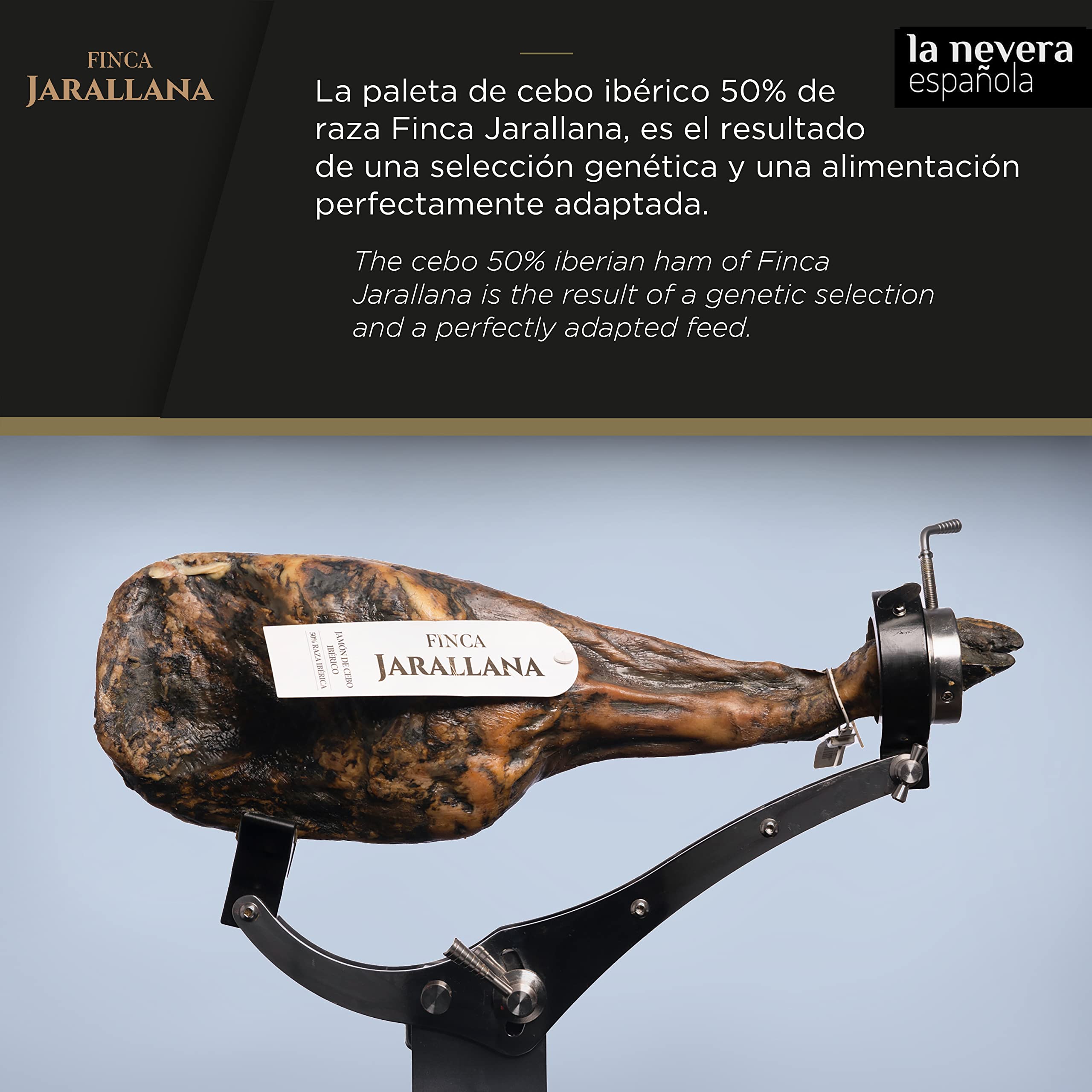 Finca Jarallana | Paleta de Cebo Ibérico 50% | Pieza de 5 kg con Secado Natural | Cerdos de Raza Ibérica | Curación (16 meses) | La Nevera Española