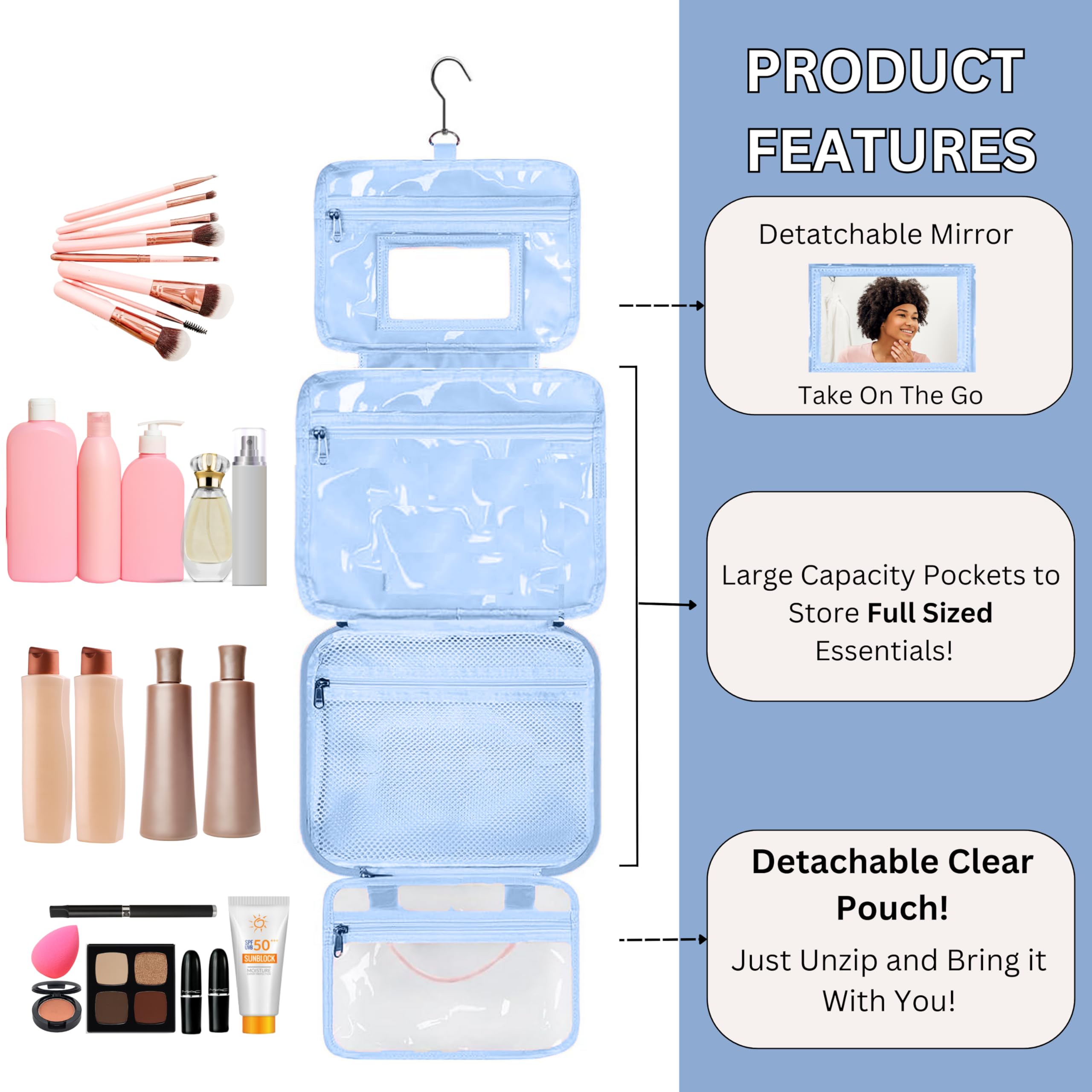 ESSENTE - Neceser de viaje para mujer con bolsa extraíble y gancho para colgar, organizador de cosméticos de maquillaje resistente al agua con múltiples compartimentos para accesorios, Azul