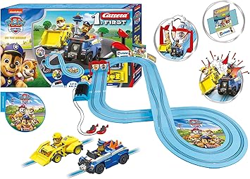 Carrera First PAW Patrol - On The Double Slot Car Race Track - Includes 2 Cars: Chase and Rubble - Battery-Powered Beginner Racing Set for Kids Ages 3 Years and Up