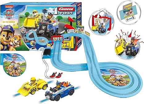 Carrera First PAW Patrol - On The Double Slot Car Race Track - Includes 2 Cars: Chase and Rubble - Battery-Powered Beginner Racing Set for Kids Ages 3 Years and Up