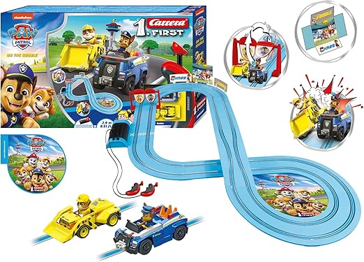 Carrera First PAW Patrol - On The Double Slot Car Race Track - Includes 2 Cars: Chase and Rubble - Battery-Powered Beginner Racing Set for Kids Ages 3 Years and Up