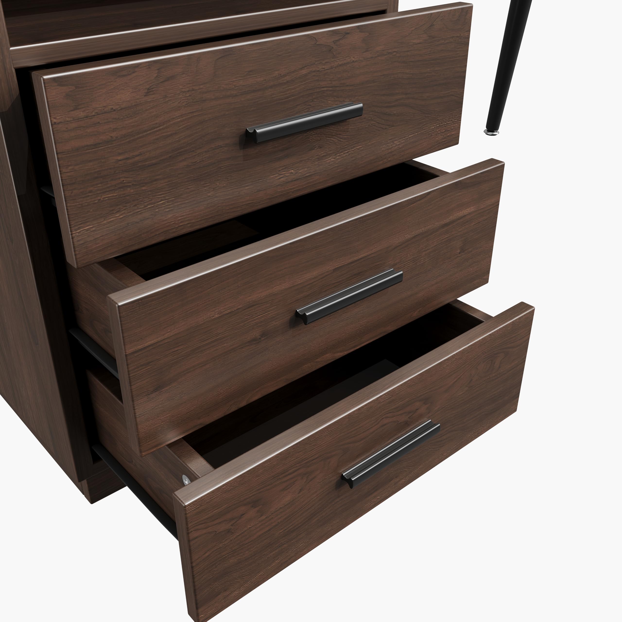 Escritorio moderno de 130 x 50 x 75 cm, con placa de cristal, estructura tubular de acero, tres cajones y compartimento abierto, vidrio esmerilado templado, asas negras, marrón