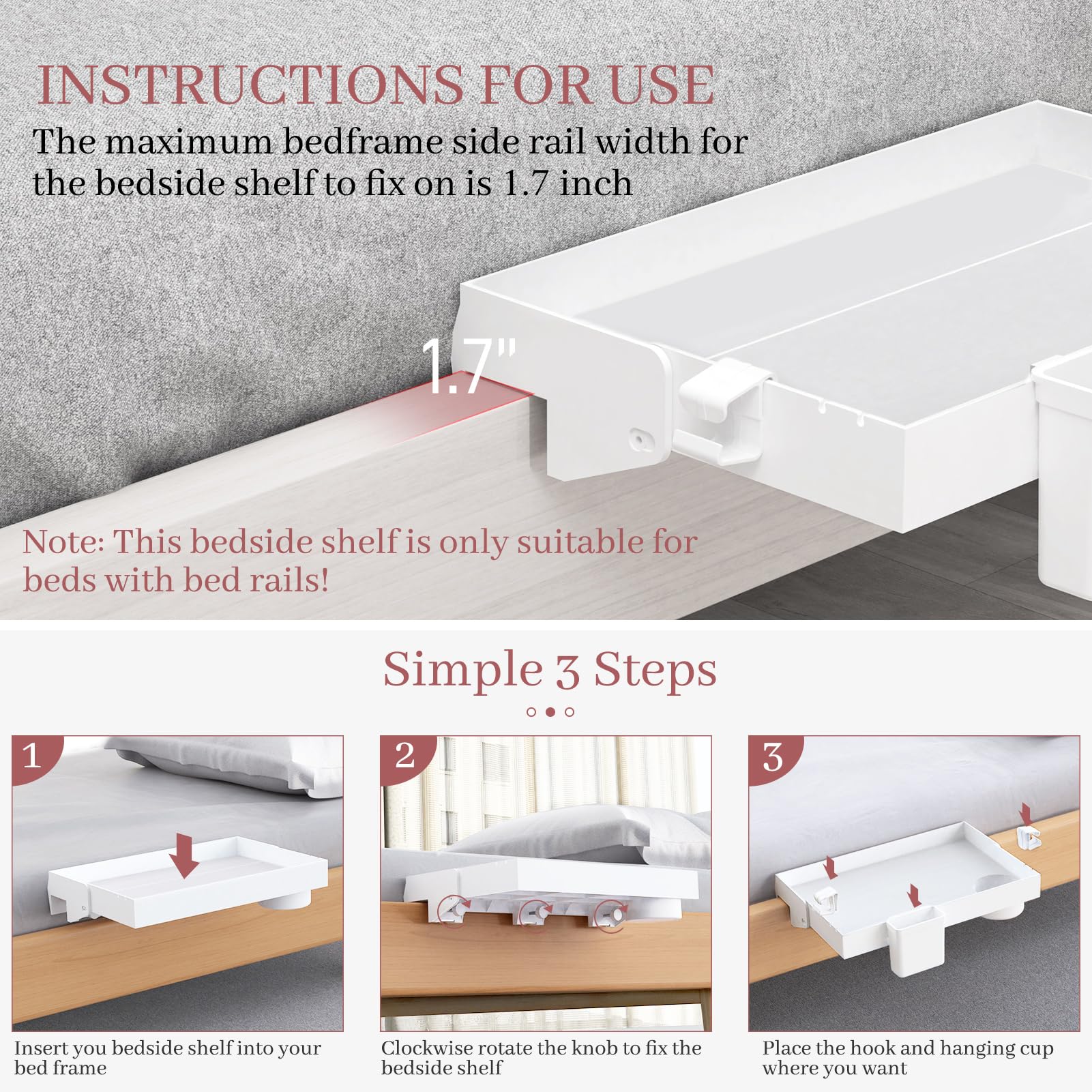 SOLEJAZZ Bedside Shelf for Bed, Folding Bunk Bed Shelf for Top Bunk Clip On Nightstand College Dorm Room Essential Table Caddy Bedside Night Stand Shelf with Hooks, Cup & Cord Holder, Plus Size, White