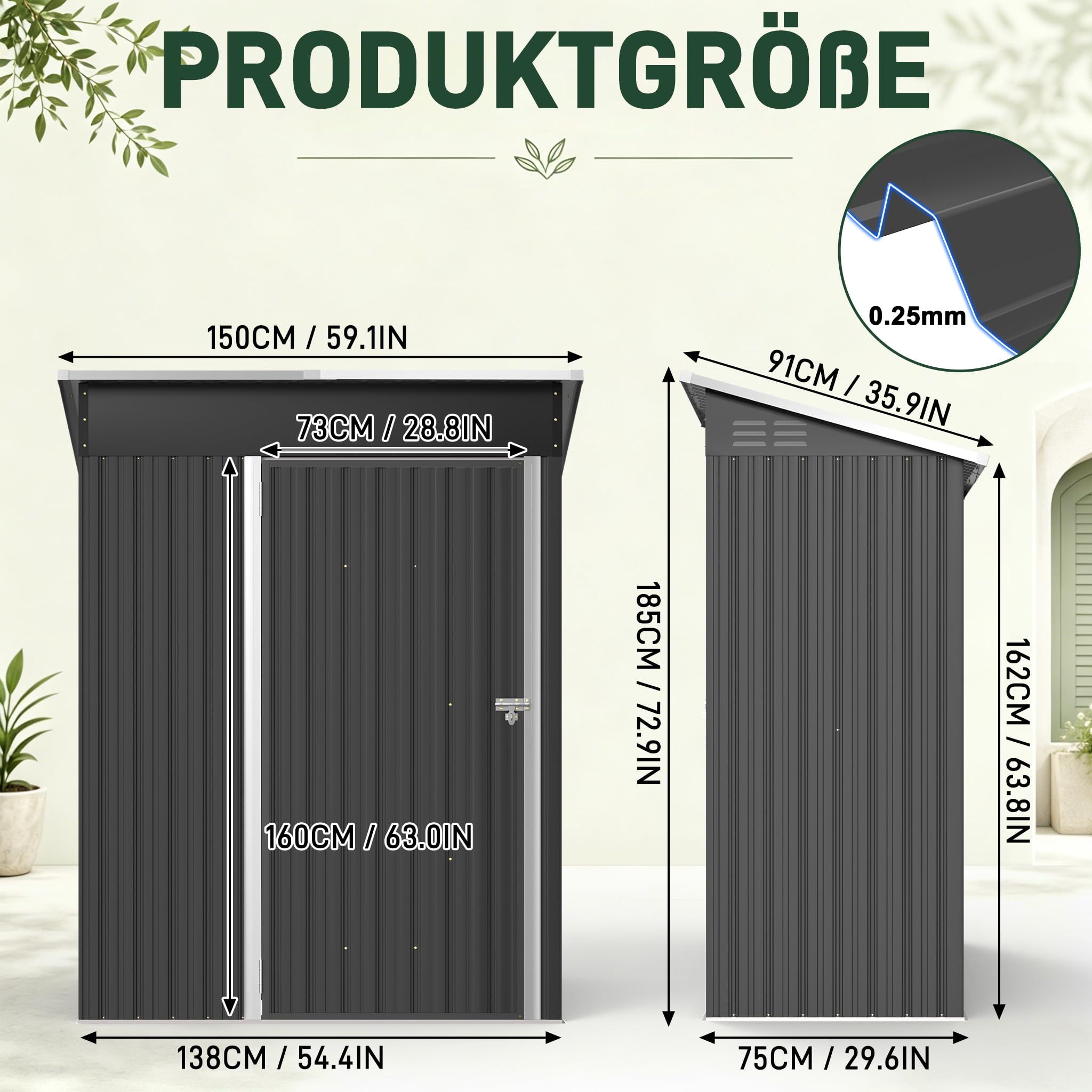 Metall Gerätehaus 138x75x162cm Geräteschuppen mit Pultdach abschließbarer Tür, Stark & Rostfrei wetterfestes Gartenhaus 2m³ Outdoor Garten Schuppen Schrank für Hinterhof Rasen Schwarz