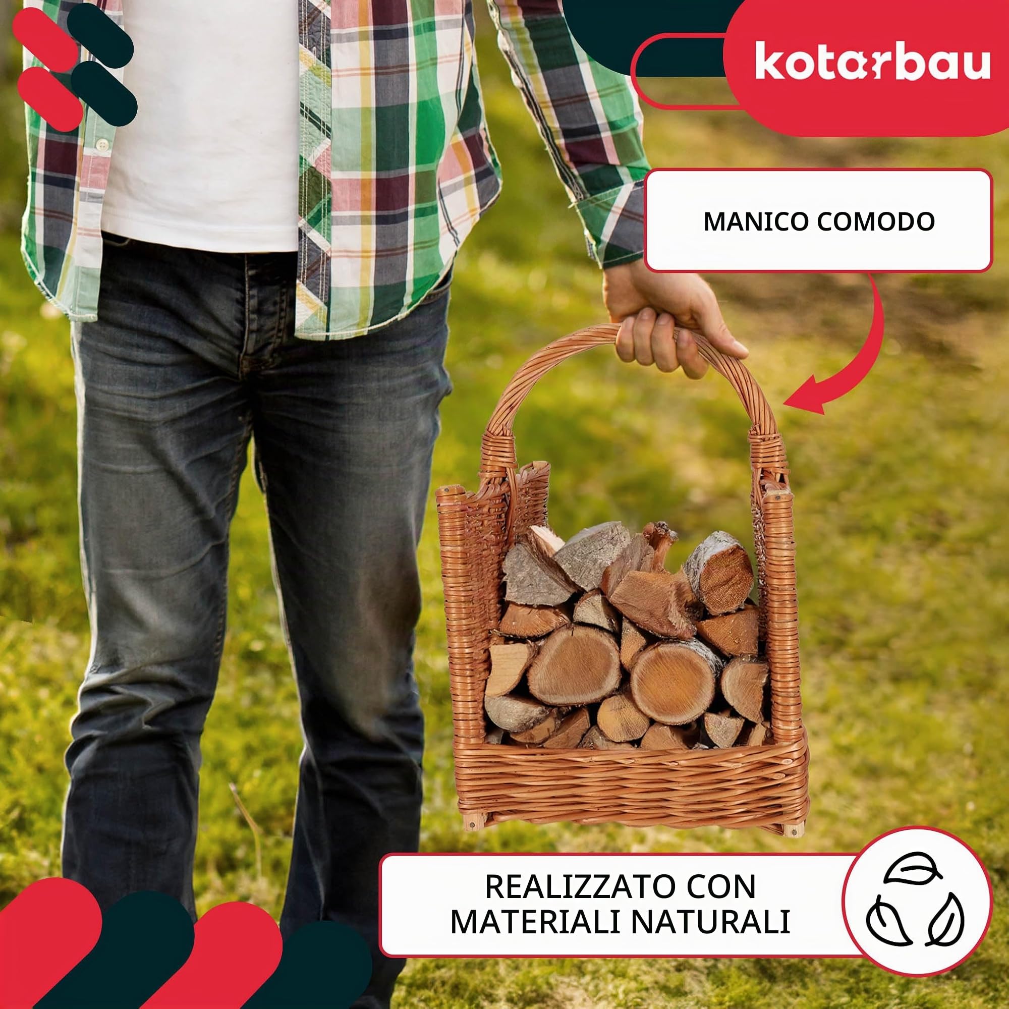 KOTARBAU® Cesto Vimini - 45x29x45 cm - Marrone - Cesta per Legna - con Manico - Cesto per Legna Camino - Rettangolare - Naturale - Robusto - per Interni Esterni