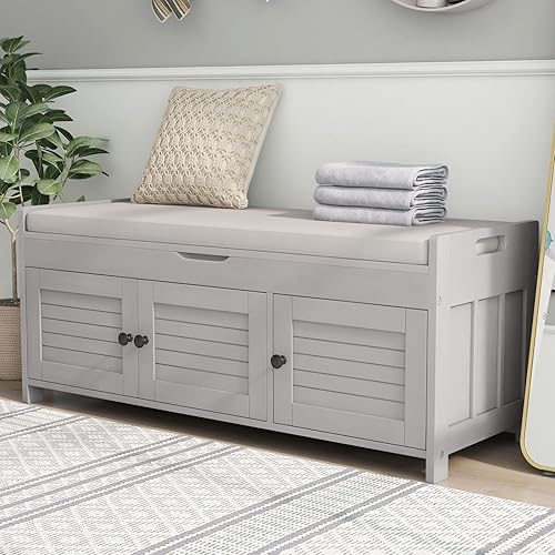 Voohek Banco de zapatos con estantes de almacenamiento 3 puertas cojín tapizado compartimento oculto para entrada pasillo sala de estar dormitorio