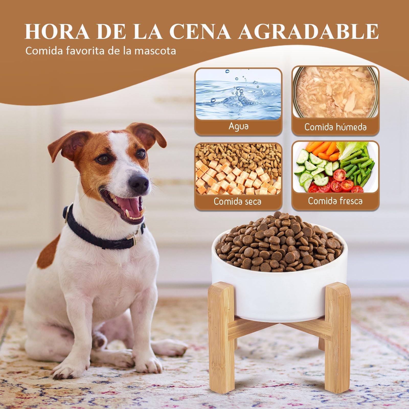 Blanca Ceramica Comedero Elevado Perro y Comedero Gato - 850 ml - En un Elegante Soporte de bambú - También Adecuado para Perros Grandes/Grandes felinos