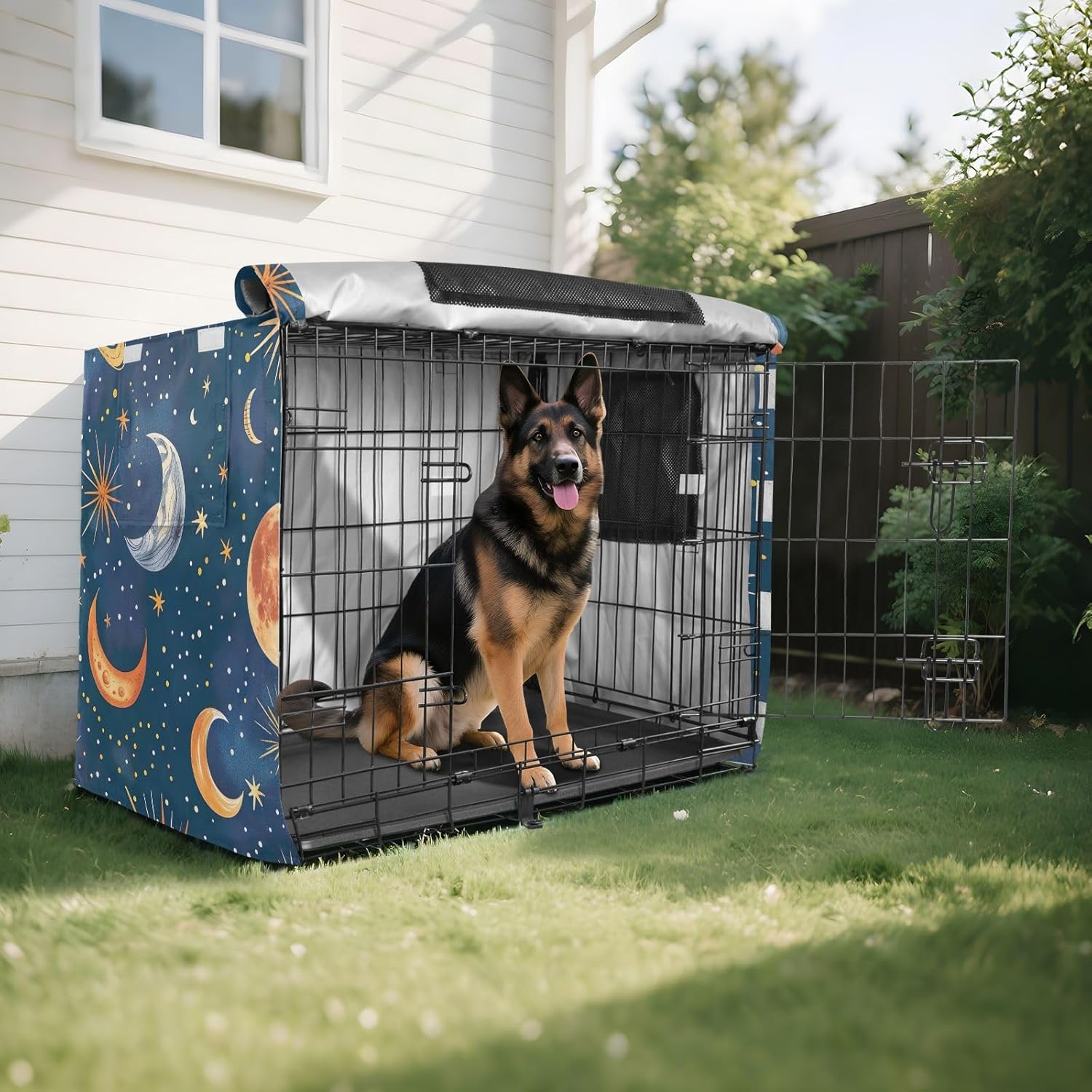 Colorful Stars Moons Planets Blue Pet Kennel Cover with Mesh Windows, Washable Dog Create Cover, Large