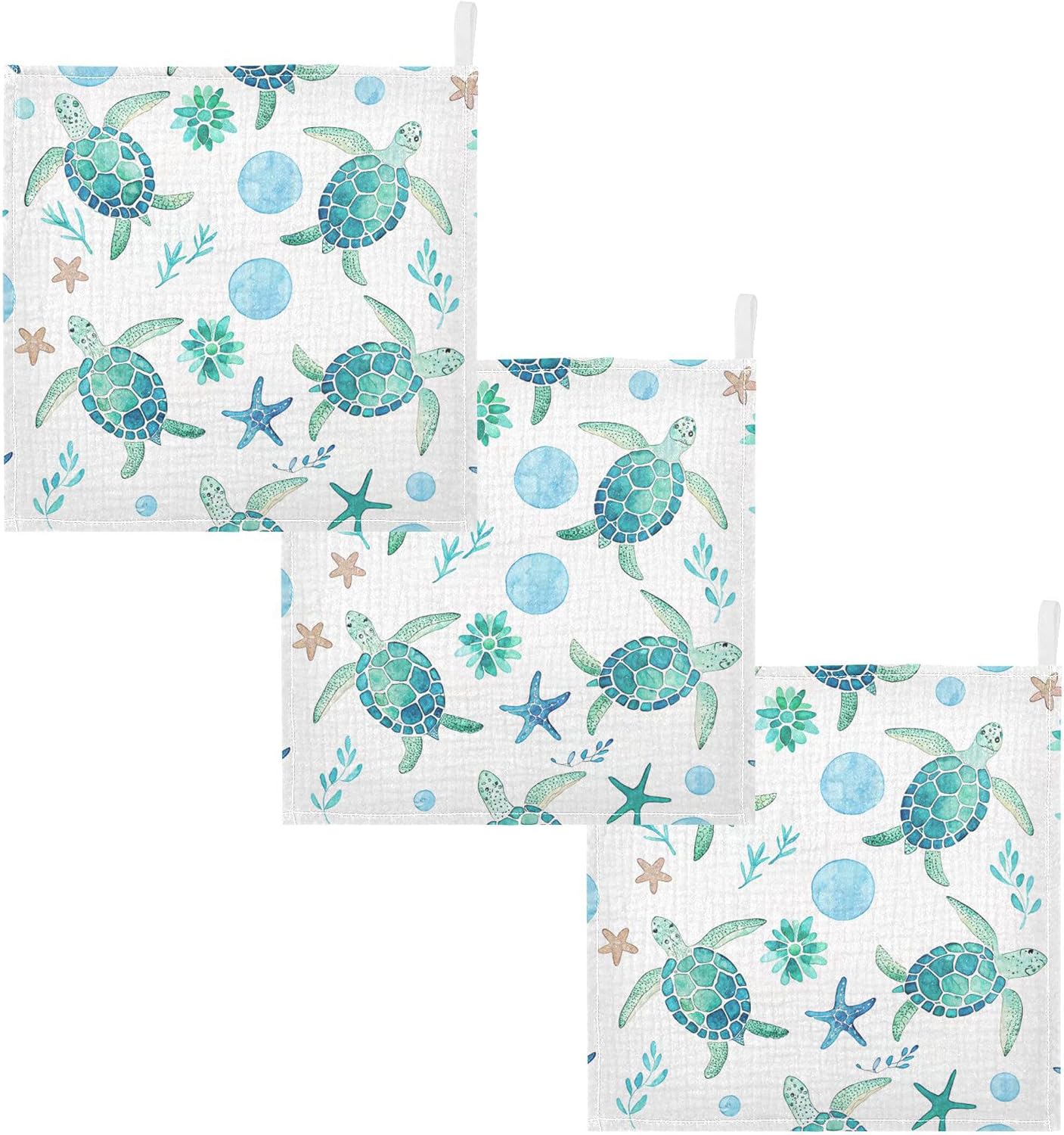 Burbuja Watercolor Sea Turtle Baby Washcloths - Muslin Cotton Soft Absorbent Baby Towel for Newborn Baby Sensitive Skin - Baby Essential Item, 12x12 in, 3 Pack