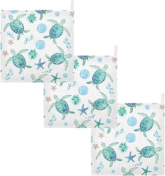 Burbuja Watercolor Sea Turtle Baby Washcloths - Muslin Cotton Soft Absorbent Baby Towel for Newborn Baby Sensitive Skin - Baby Essential Item, 12x12 in, 3 Pack