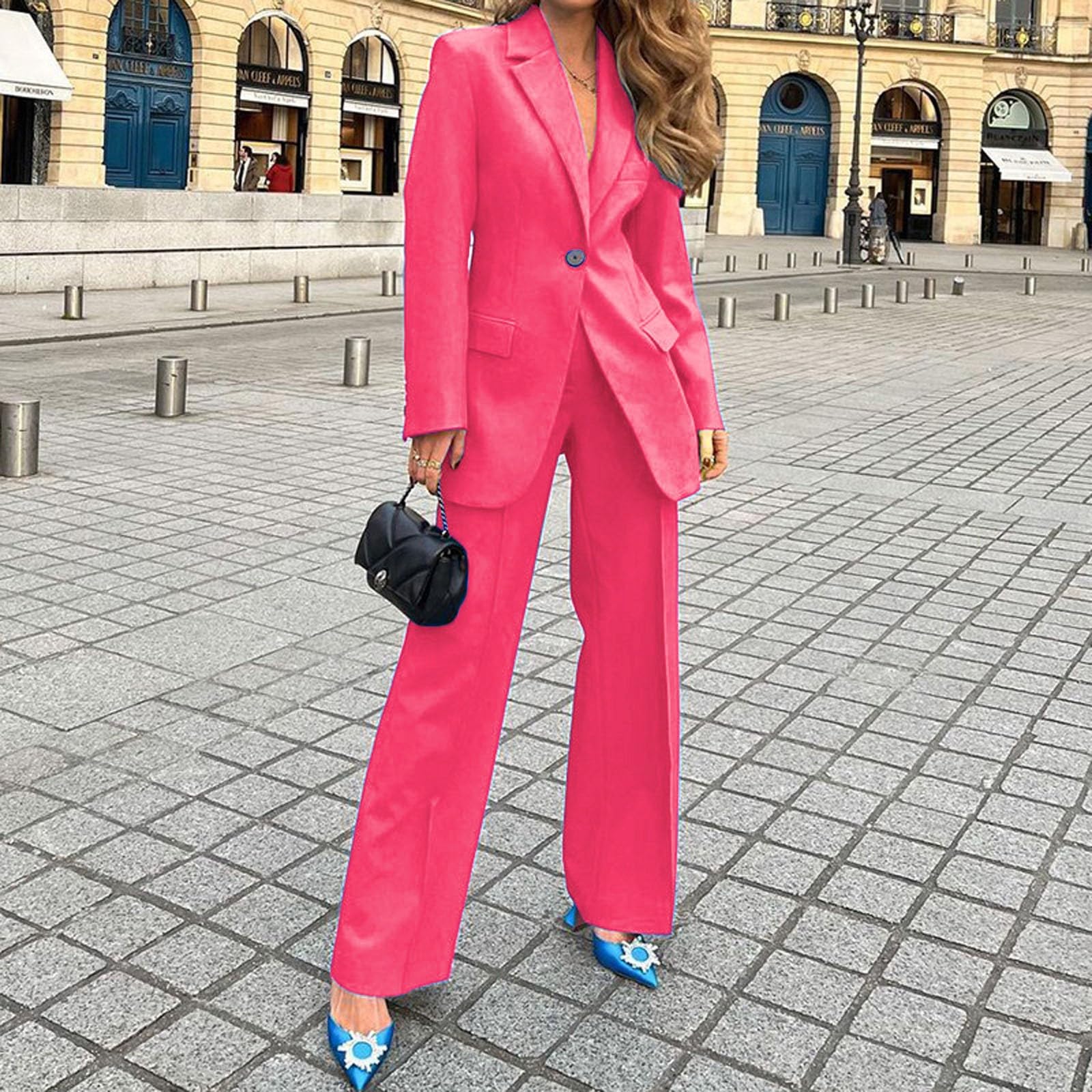 Tuta da donna con pantaloni, slim fit, 2 pezzi, con bottoni, maniche lunghe, colletto rovesciato, giacca e pantaloni a gamba dritta, formale, per cena, tempo libero, moderno, abbigliamento da ufficio