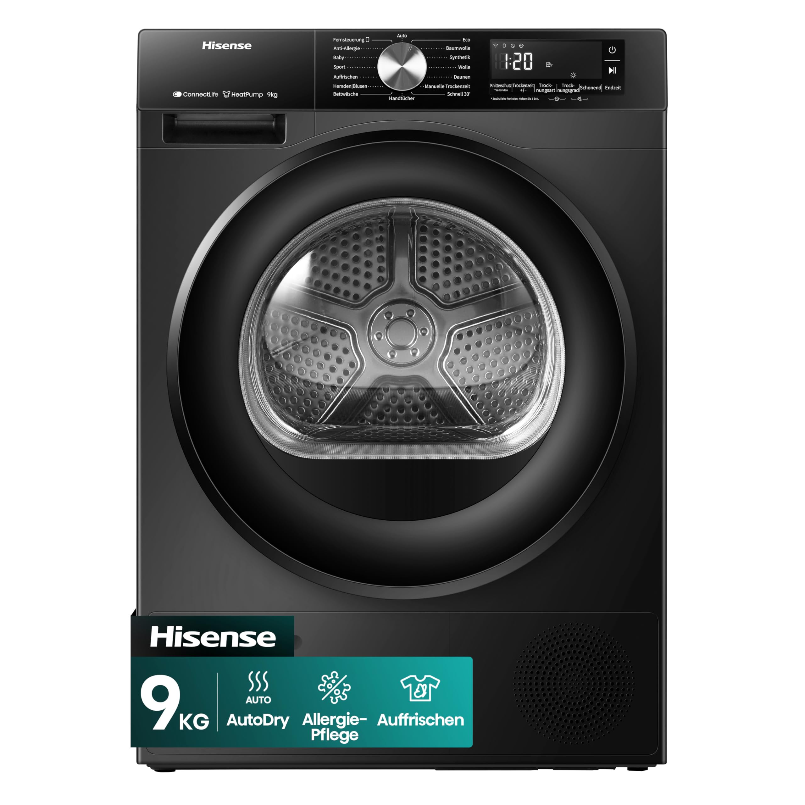 Hisense DH3S902BBCC Kondenstrockner mit Wärmepumpe / 9KG / 16 Programme/ConnectLife/Autodry/QuickDry/Allergie-Pflege/Auffrischen/TwinAir/DelayEnd/Feuchtesensor/EEK: C/Schwarz