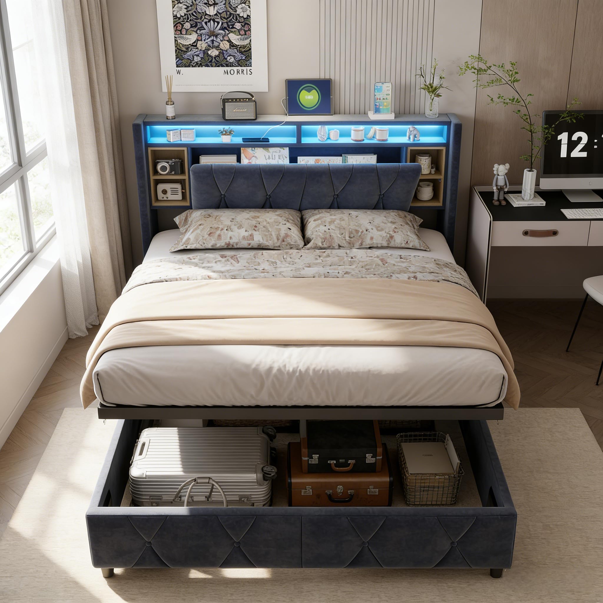 BRILVERDE Letto Imbottito 160x200 cm con Contenitore Idraulico, Letto Matrimoniale a LED con USB, Funzionale con testiera, Struttura Letto con Rete a doghe, Velluto (Grigio, 160 x 200 cm)