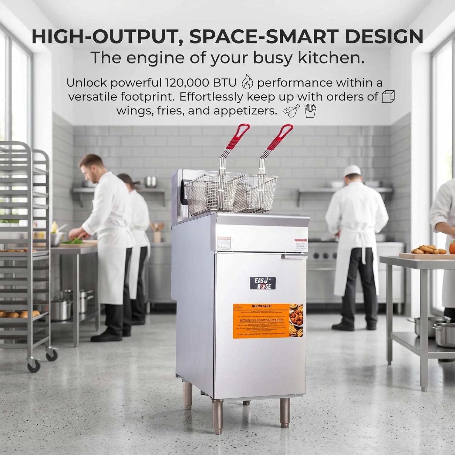 Heavy-Duty Commercial Natural Gas Deep Fryer, 120,000 BTU 4-Burner Stainless Steel Gas Fryer, 50 lb Capacity with Commercial Grade Thermostat & 2 Baskets, ETL Sanitation Listed