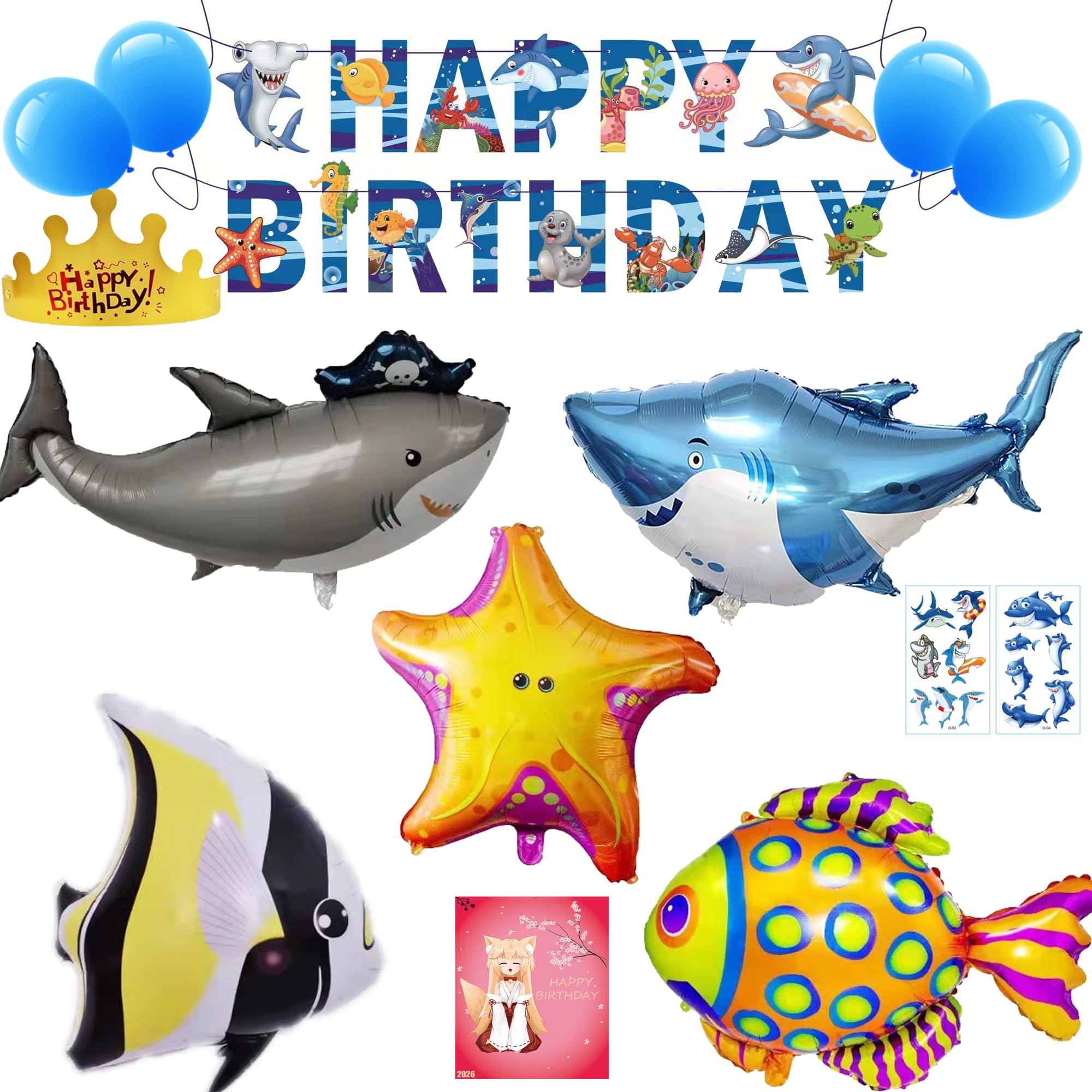 誕生日 海 飾り付け シンプル パーティー セット 大きな 3D魚バルーンセット Happy Birthdayバースデーバナー 海賊サメ風船 ヨシキリザメ風船 熱帯魚アルミ風船 エンゼルフィッシュ風船 ヒトデ風船 三角帽子 魚ステッカー パーティー かわいい 女の子 男の子 誕生日 装飾 バースデー 飾り