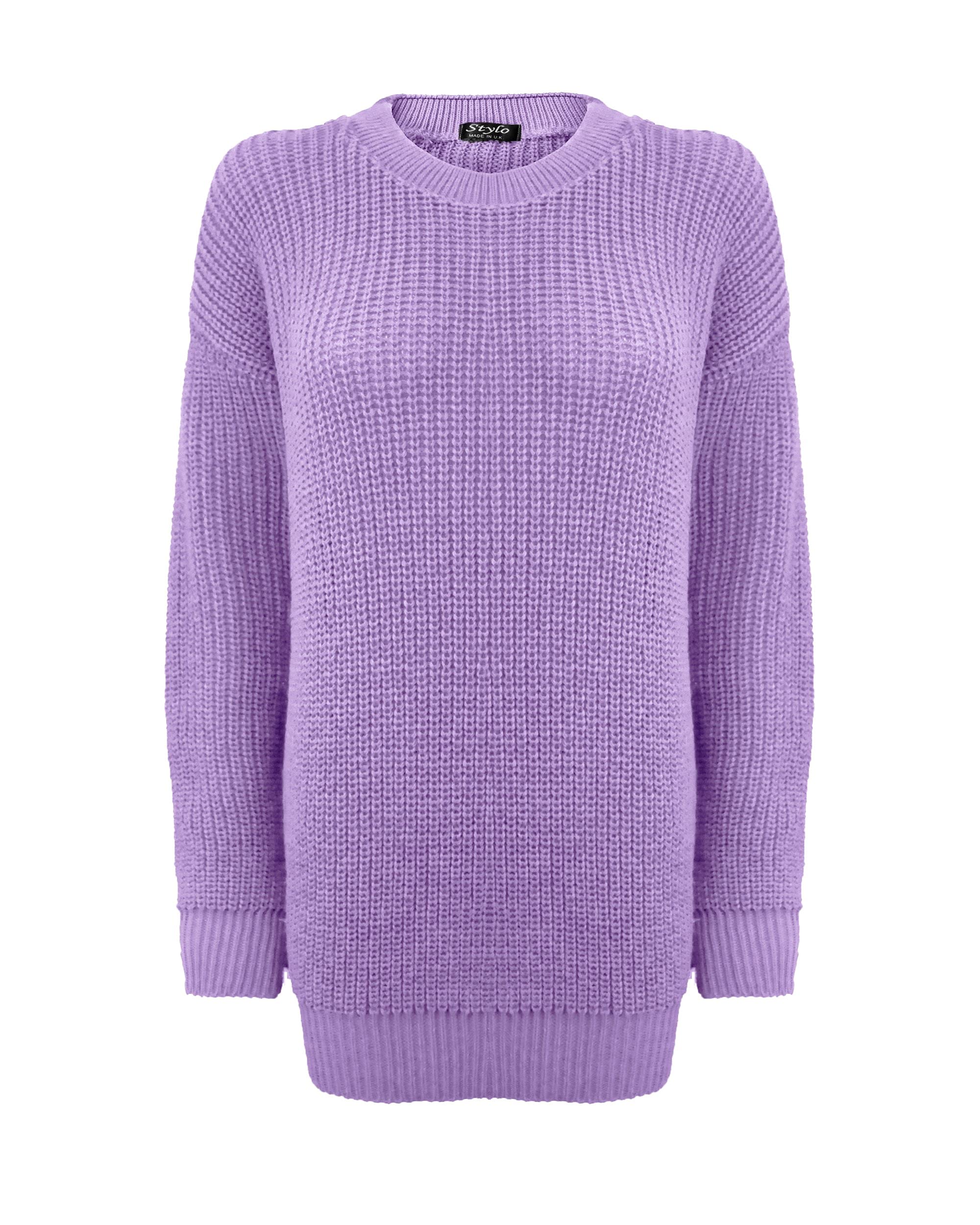 TOP VENDOR Ladies Women Knitted Long Sleeves Crew Neck Over Sized Fisher Knit Baggy Jumper Chunky Knit Sweater TOP Plus Size[Lilac,2XL]