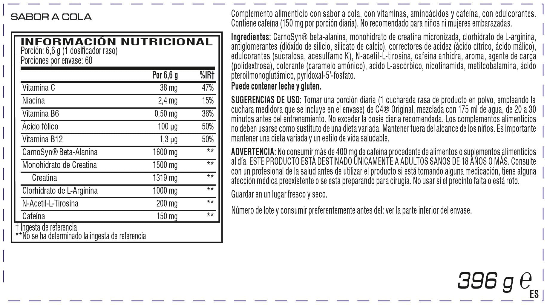C4 Original Pre Workout Powder, Cola, 60 porciones | Bebida energética en polvo para preentrenamiento Zero Sugar con 150 mg de cafeína, 1500 mg de monohidrato de creatina, 1600 mg de beta alanina
