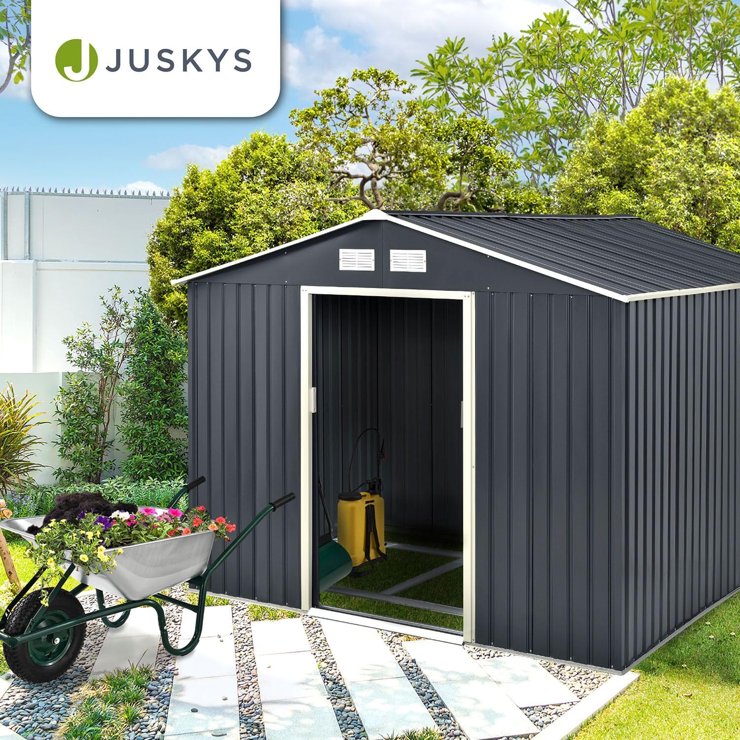 Juskys caseta metálica para Herramientas XXL 15m³ con Techo a Dos Aguas, Puerta corredera y cimentación - 277 x 319 x 192 cm - Antracita - cobertizo metálico para jardín