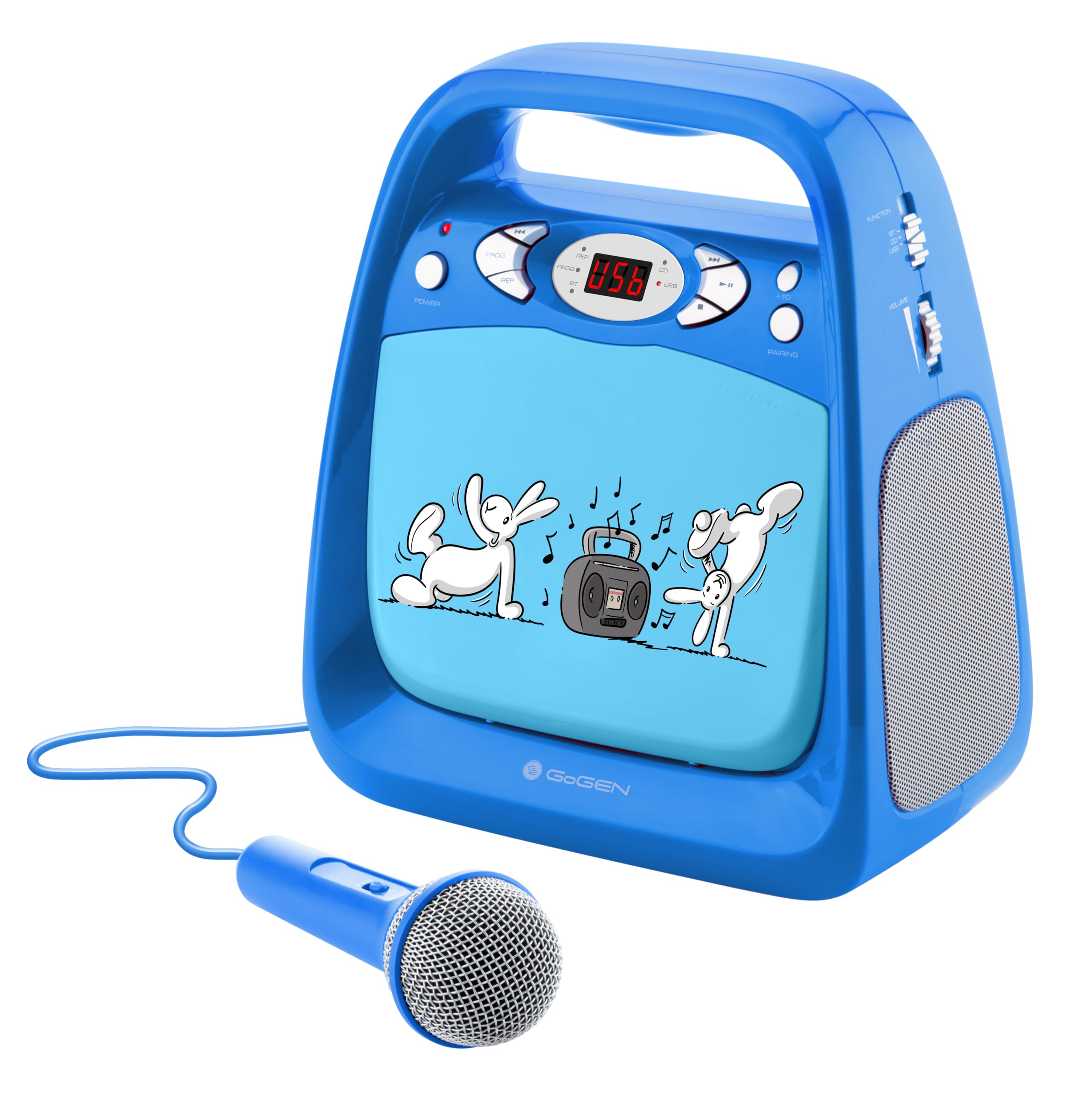 GOGEN Kinderkaraoke und CD Player I USB I MP3 I Mikrofon inklusive I Kopfhörerausgang I tragbar I Batterie oder Netzteil I Bluetooth I Hergestellt für Kinder I Blau