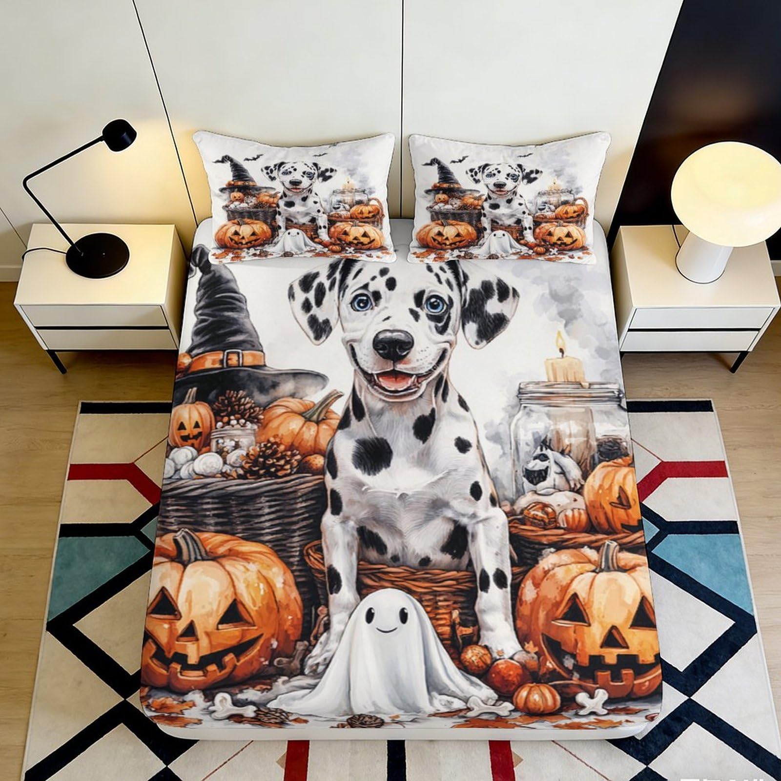 Jqzkxnhpbr Style-5 3D Printed Halloween Pumpkin Fitted Sheet Microfiber Dalmatian Ghost Bed Cover For Bedroom Dorm Mattress Protection Decor 90X200x25cm