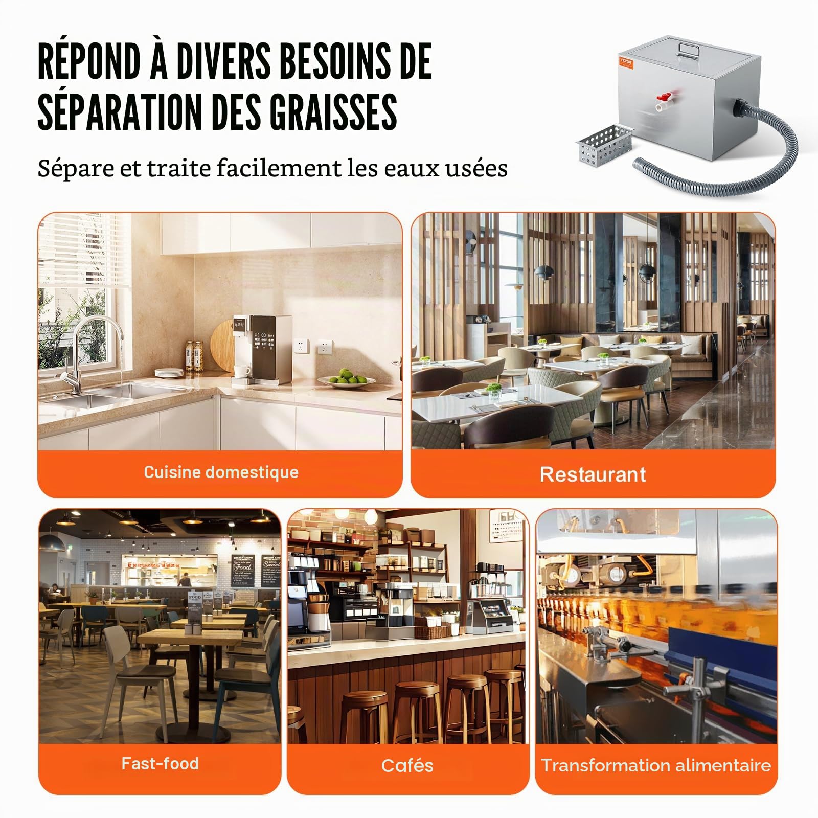 VEVOR Intercepteur à Graisse Commercial, Séparateur de Graisse 3,6 kg, Bac à Graisse Entrée Latérale, sous l'Évier en Inox, Séparateur Huile-Eau d'Eaux Usées 2,8 GPM, pour Cuisine Cantine Restaurant