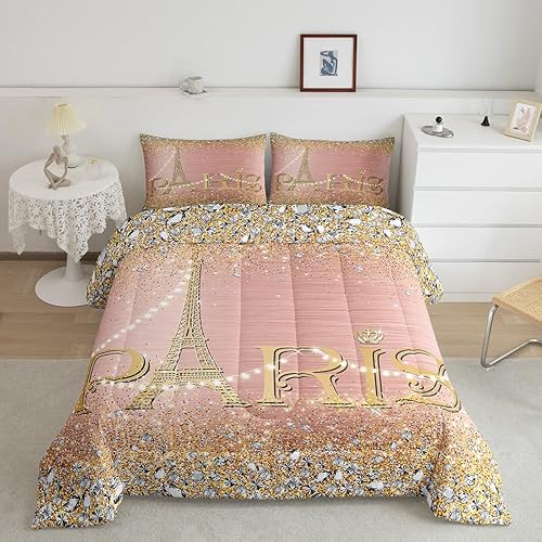Juego de ropa de cama de tamaño matrimonial de la Torre Eiffel, romántico juego de ropa de cama de la torre de París para adolescentes y adultos,