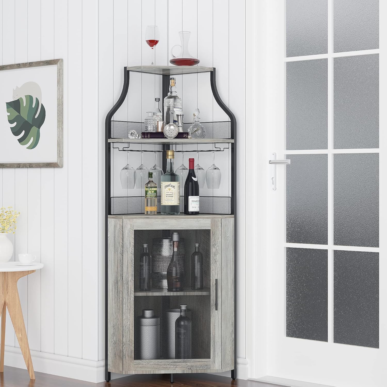 Armadietto angolare in legno con 2 supporti in vetro, armadio ad angolo con ante in metallo e 4 ripiani, cucina con superficie di lavoro, mobili da bar per ingresso, soggiorno, cucina (152 x 90 x 32