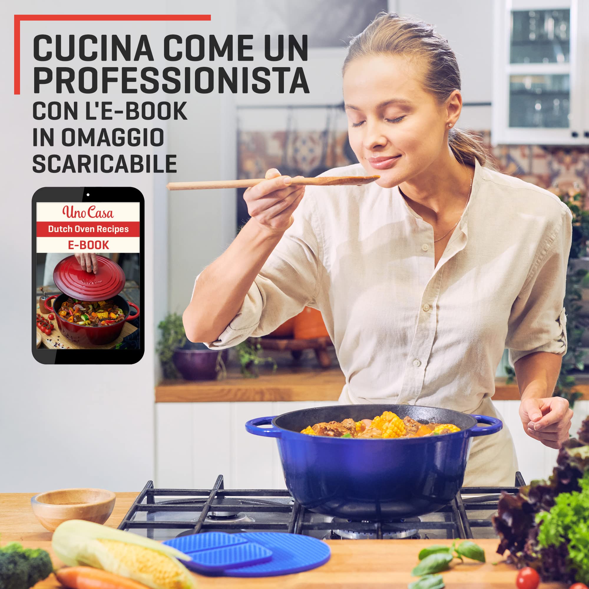 Uno Casa Pentola Forno Olandese in Ghisa Smaltata 5,6 litri Blu con Presine e Sottopentola in Silicone