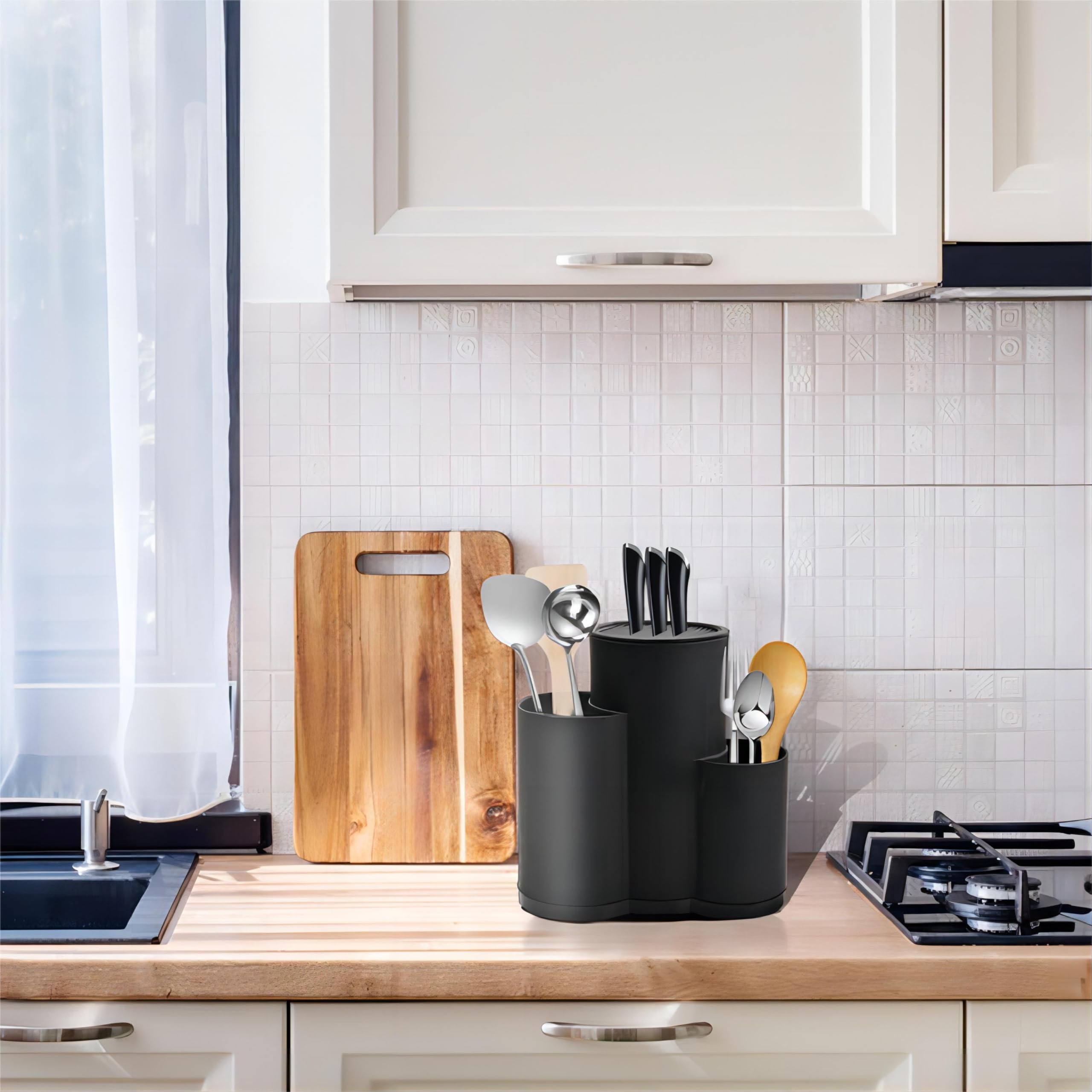 3 in1 Ceppo Vuoto di Coltelli Multifunzionale, Portacoltelli Rotondo Universale, Blocco Coltelli Cucina Tondo Salvaspazio, Supporto Portaoggetti con Foro Scarico e Fessura per utensili Forbici (Nero)
