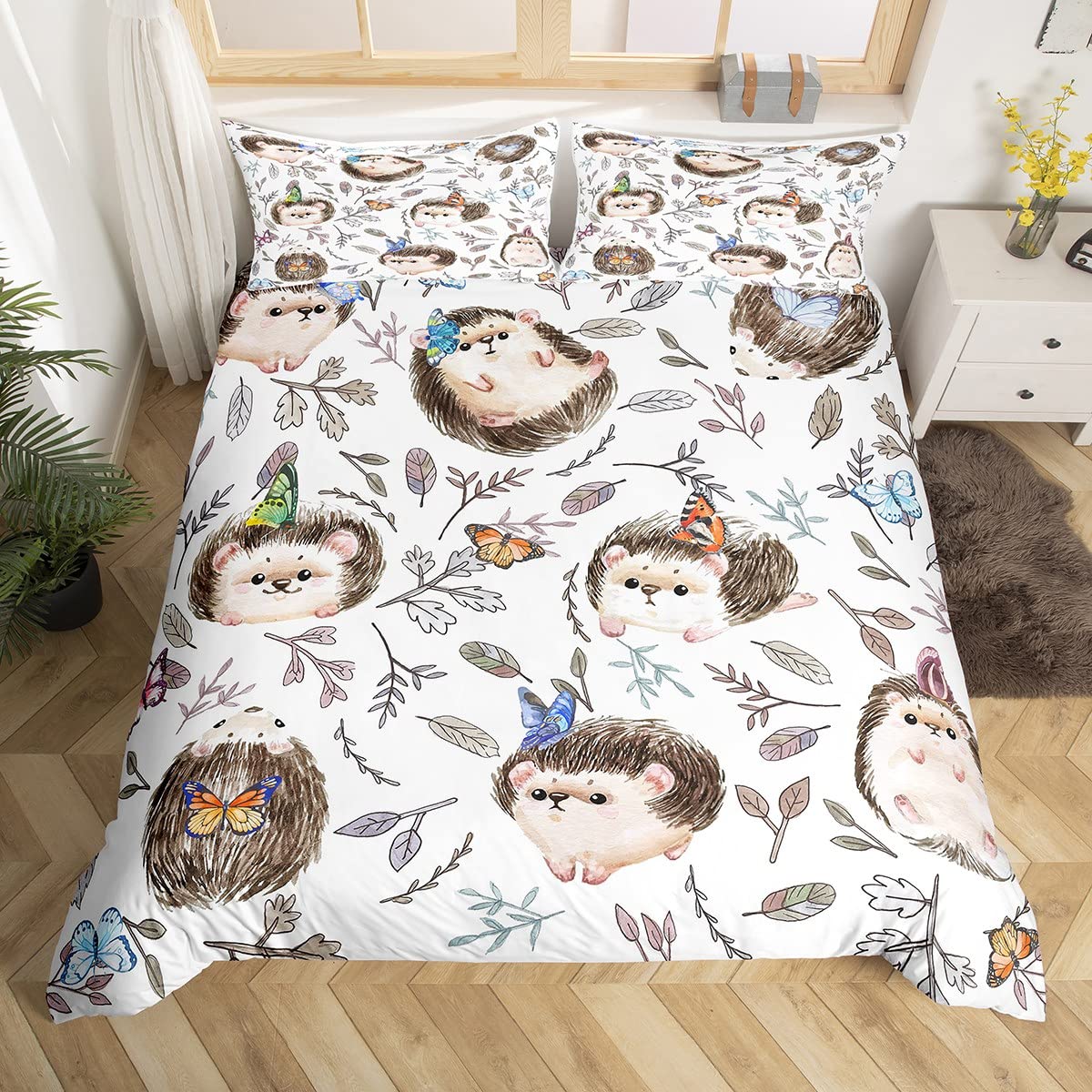Kawaii Hedgehog Duvet Cover Queen Kids Bedding for Girls Boys Hedgehog Gifts Colorful Butterfly Comforter Cover Cartoon Wild Animals Quilt Cover for Hedgehog Lovers Botanical Bedspread Cover, 3Pcs