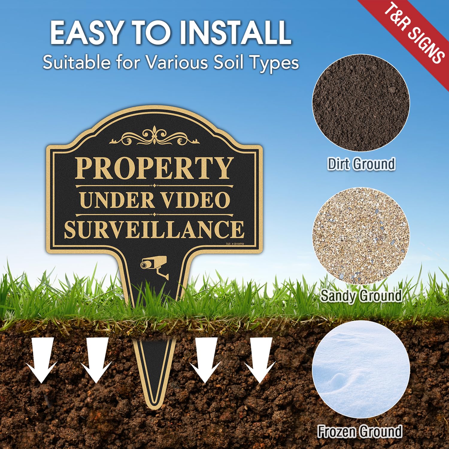 T&R Large Property Under Video Surveillance - Letrero de aluminio pesado con estaca, paquete de 2, 14 x 10 pulgadas, libre de óxido, para exteriores, protección UV, impermeable y resistente a la