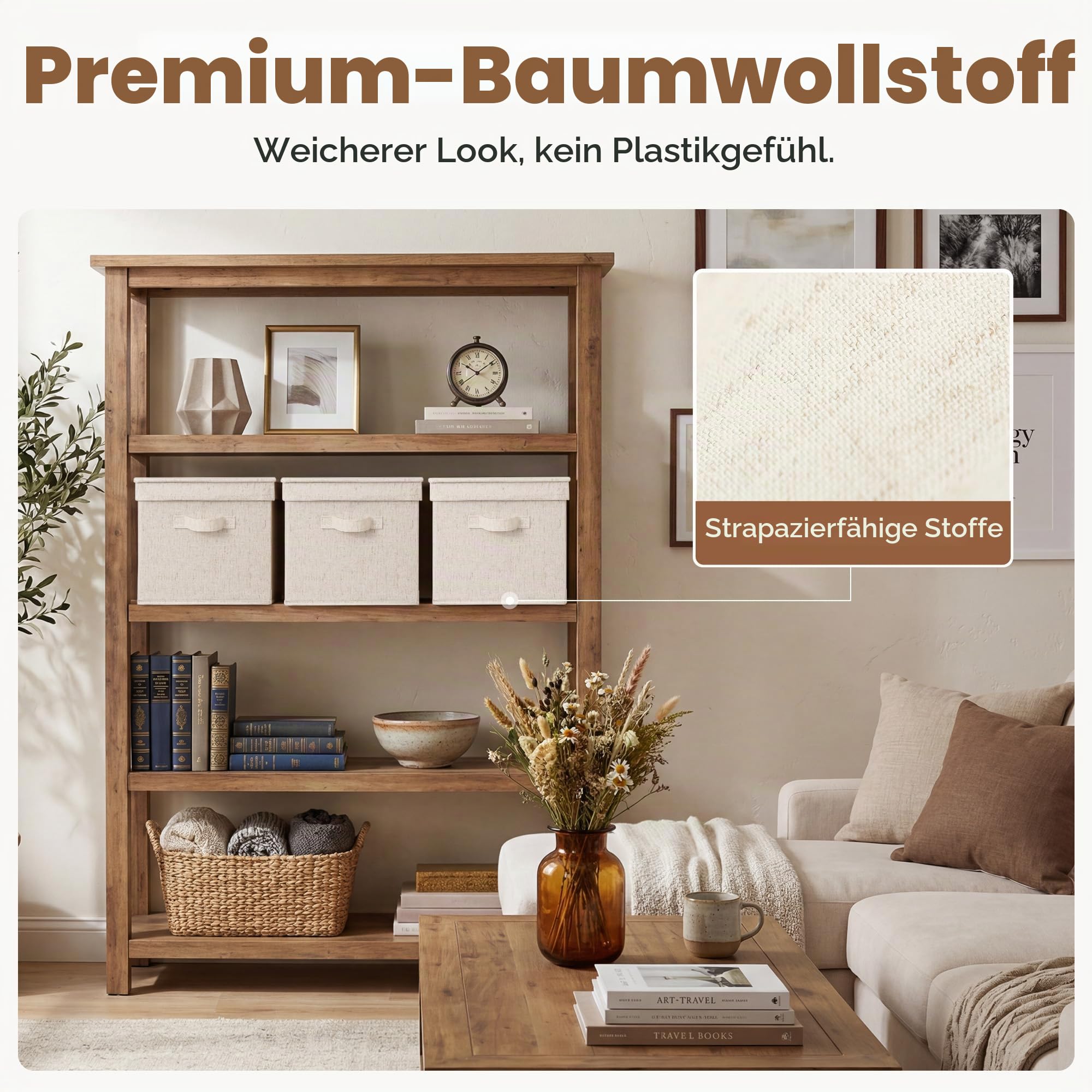 StorageWorks Aufbewahrungskorb mit Deckel, dekorative Aufbewahrungsboxen mit PU-Griffen, stapelbare Stoff-Aufbewahrungskörbe für Schrank, Regale, Beige (Baumwolle-Leinen), Jumbo, 3 Stück