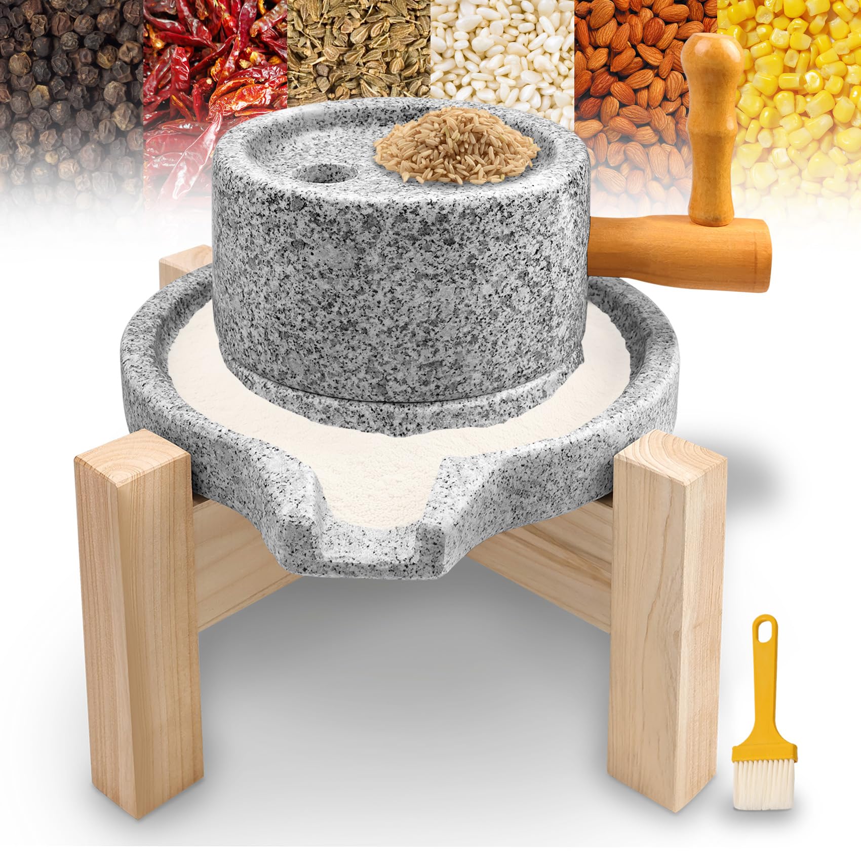 waitwit Natural Granite Stone Grain Mill with Wooden Base