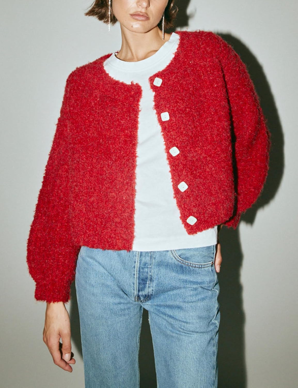 Lviefent Women Knit Cardigans Fluffy Casual Open Front Button Down Long Sleeve Cropped Sweater Jacket Outwear - Image 2