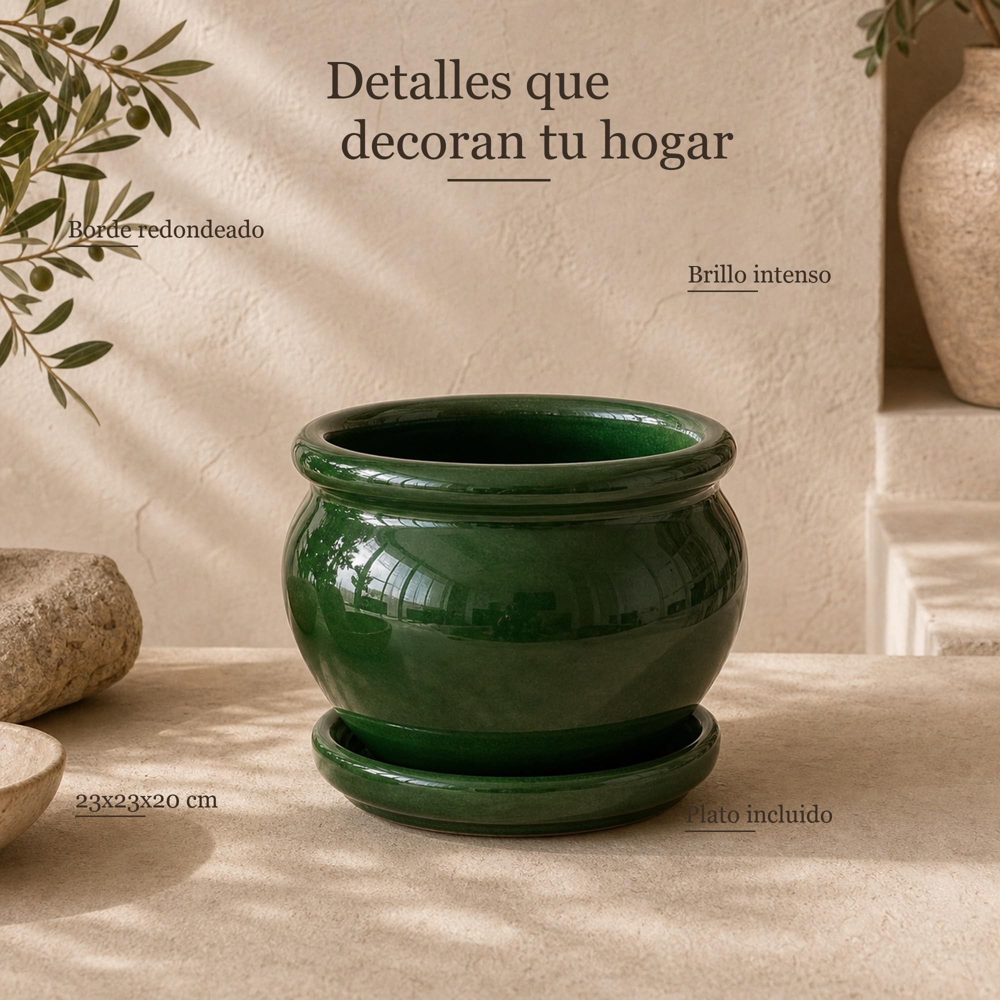 Maceta Coco cerámica Verde Botella 23 cm, macetero Decorativo para Plantas Interior Exterior terraza jardín
